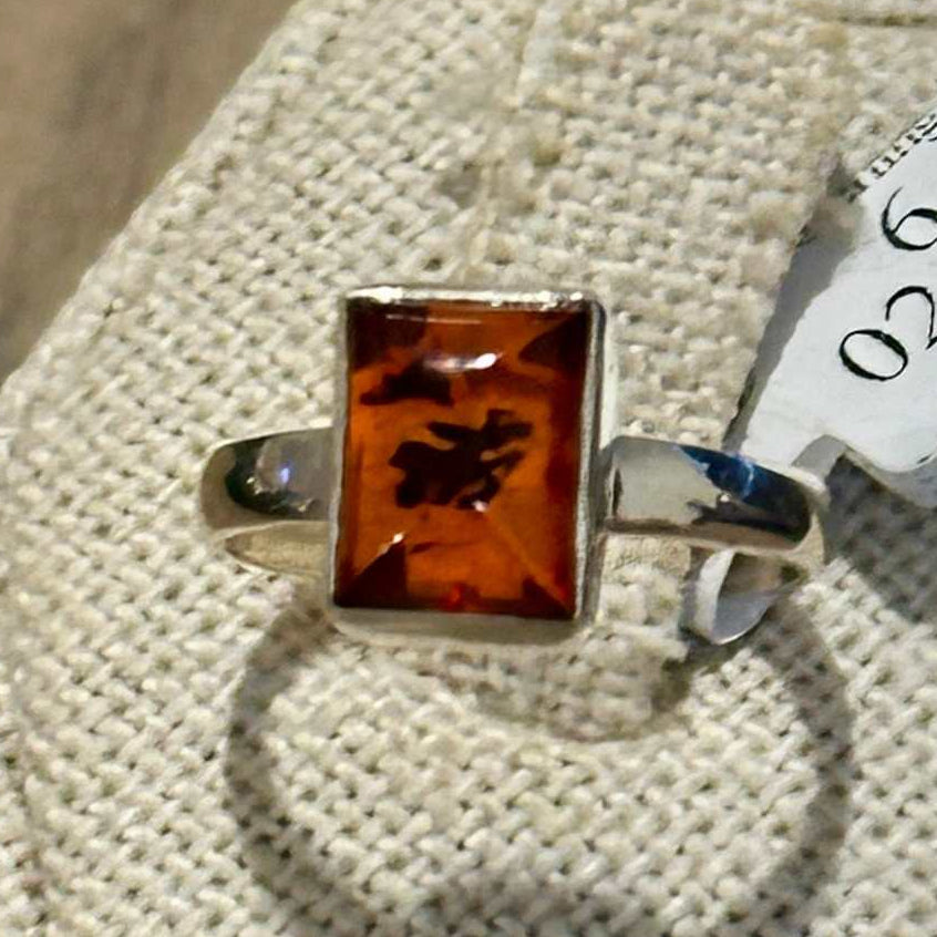 Natural Amber Rectangle-Cut Minimalist Ring – Sterling Silver – Sizes 6, 7, 8, 9 | Rings | Wiccan Center