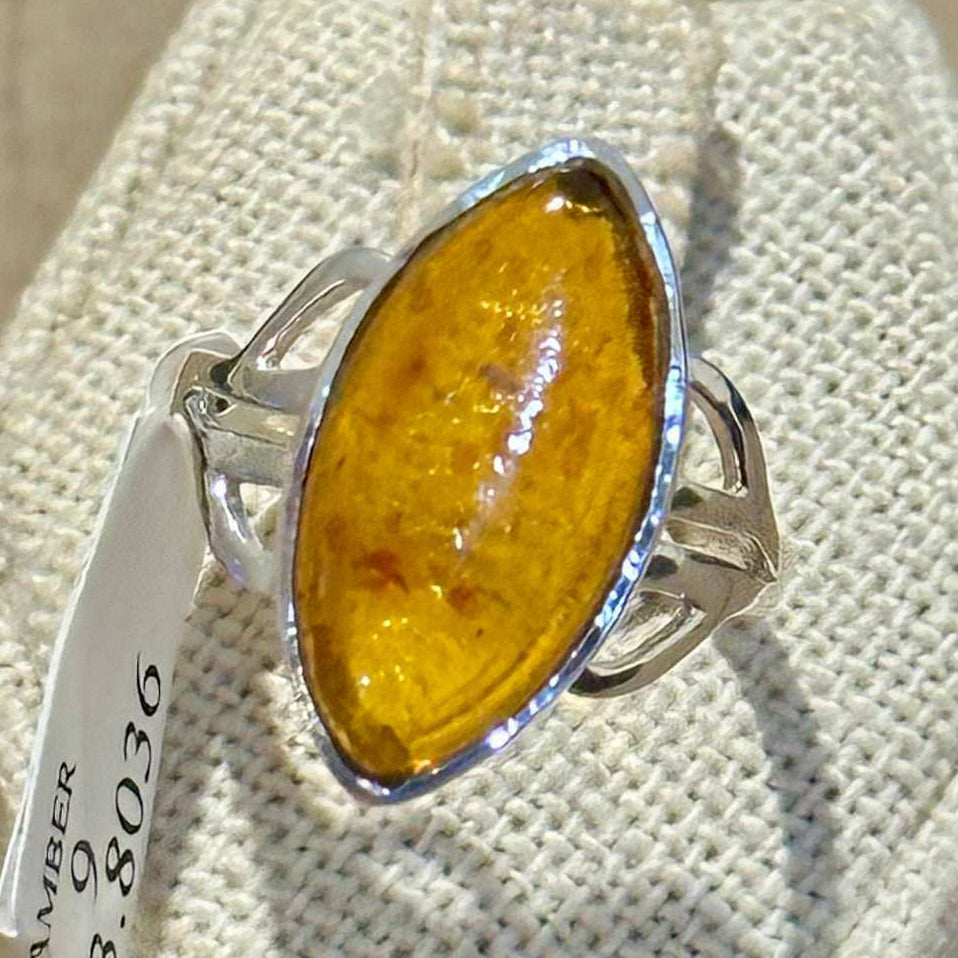 Natural Amber Marquise Filigree Ring – Sterling Silver – Sizes 6, 7, 8, 9 | Rings | Wiccan Center