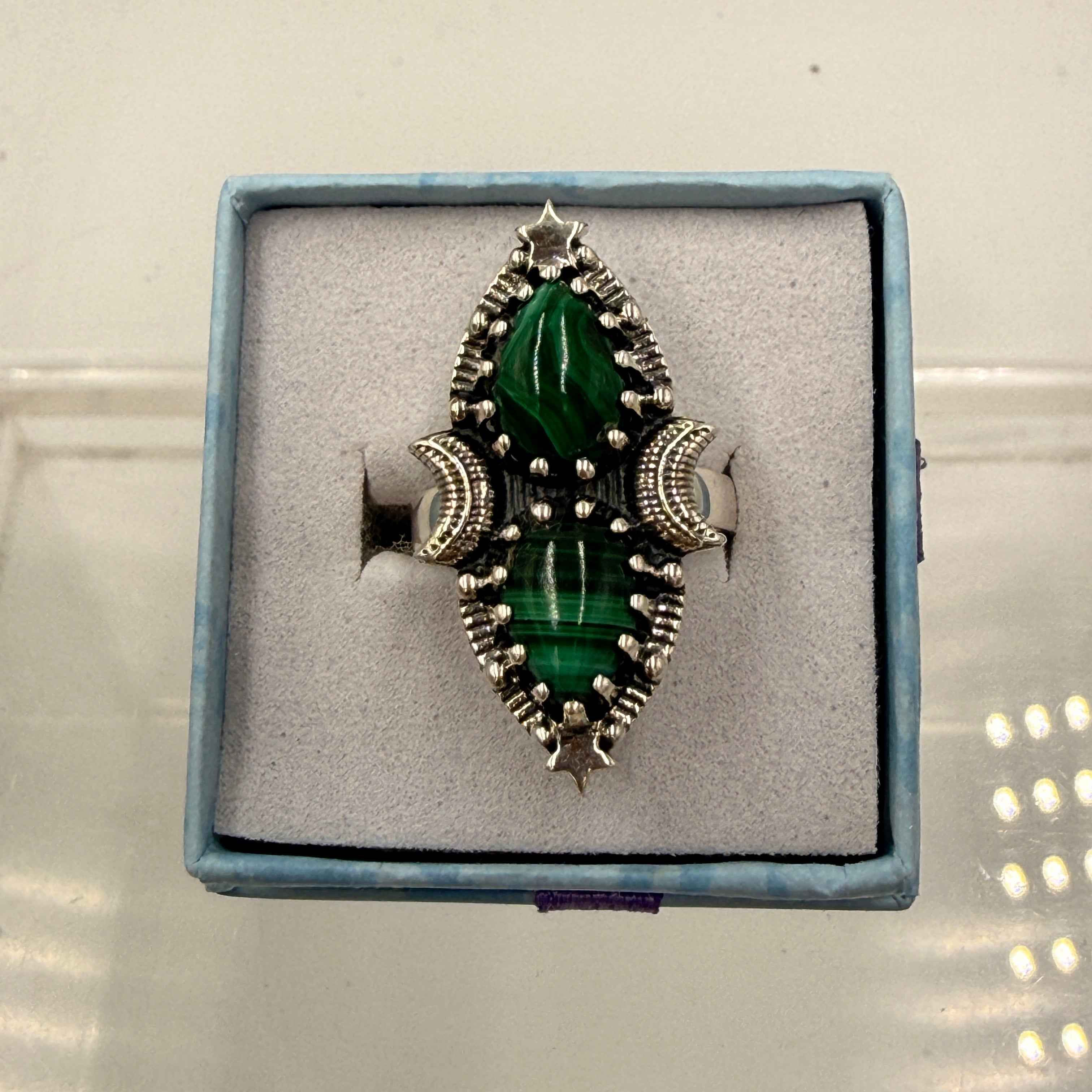 Sterling Silver Double Teardrop Celestial Malachite Ring - Size 5 - Transformative, Protective & Empowering | Rings | Wiccan Center