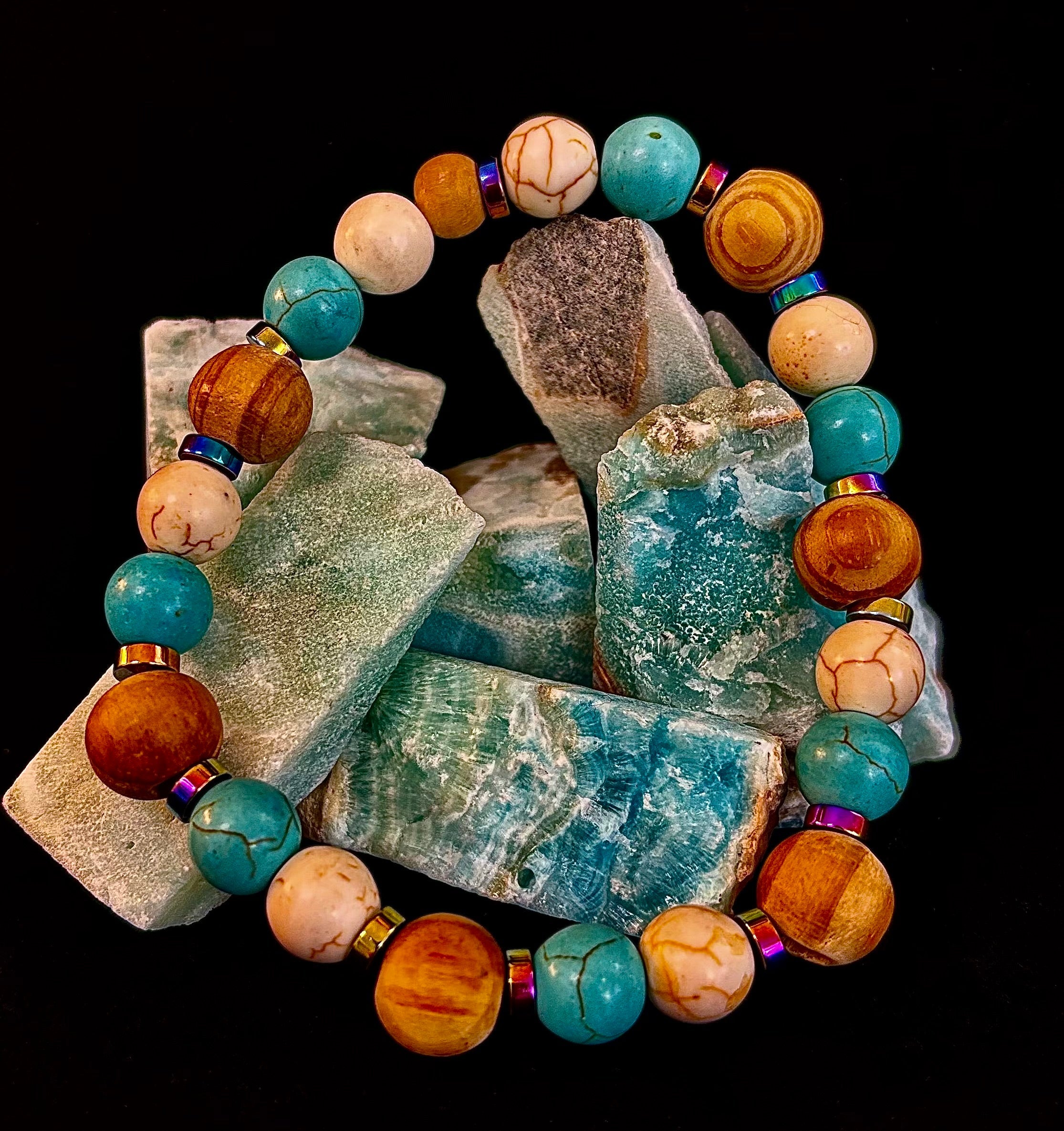 Turquoise and Cream Howlite with Coconut Palm Beads (8"-8.5" Large and XL Wrists) | | Wiccan Center