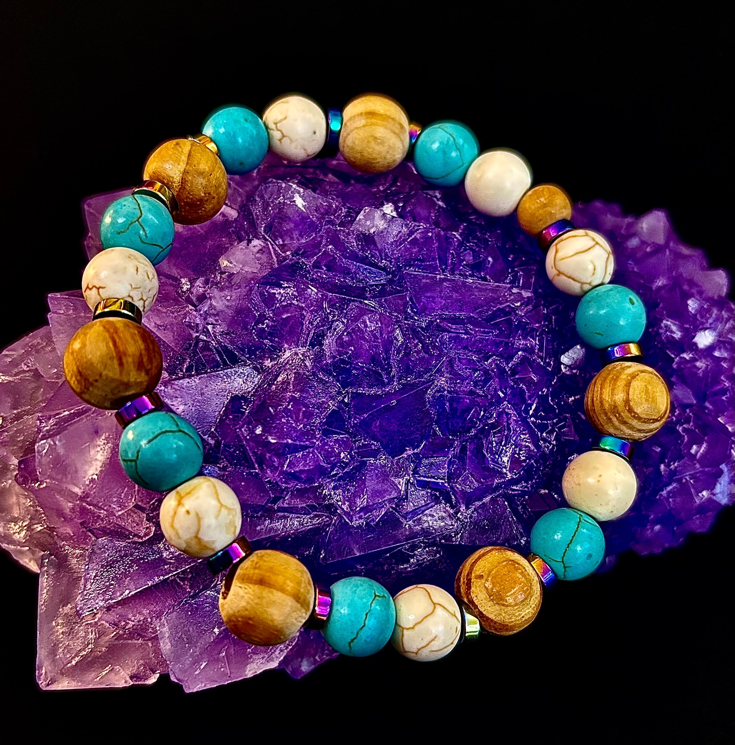 Turquoise and Cream Howlite with Coconut Palm Beads (8"-8.5" Large and XL Wrists) | | Wiccan Center