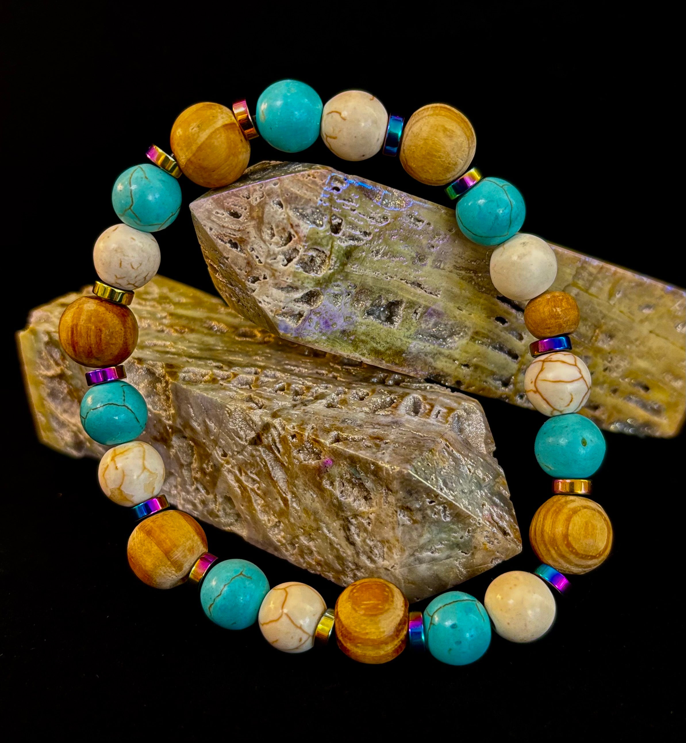 Turquoise and Cream Howlite with Coconut Palm Beads (8"-8.5" Large and XL Wrists) | | Wiccan Center