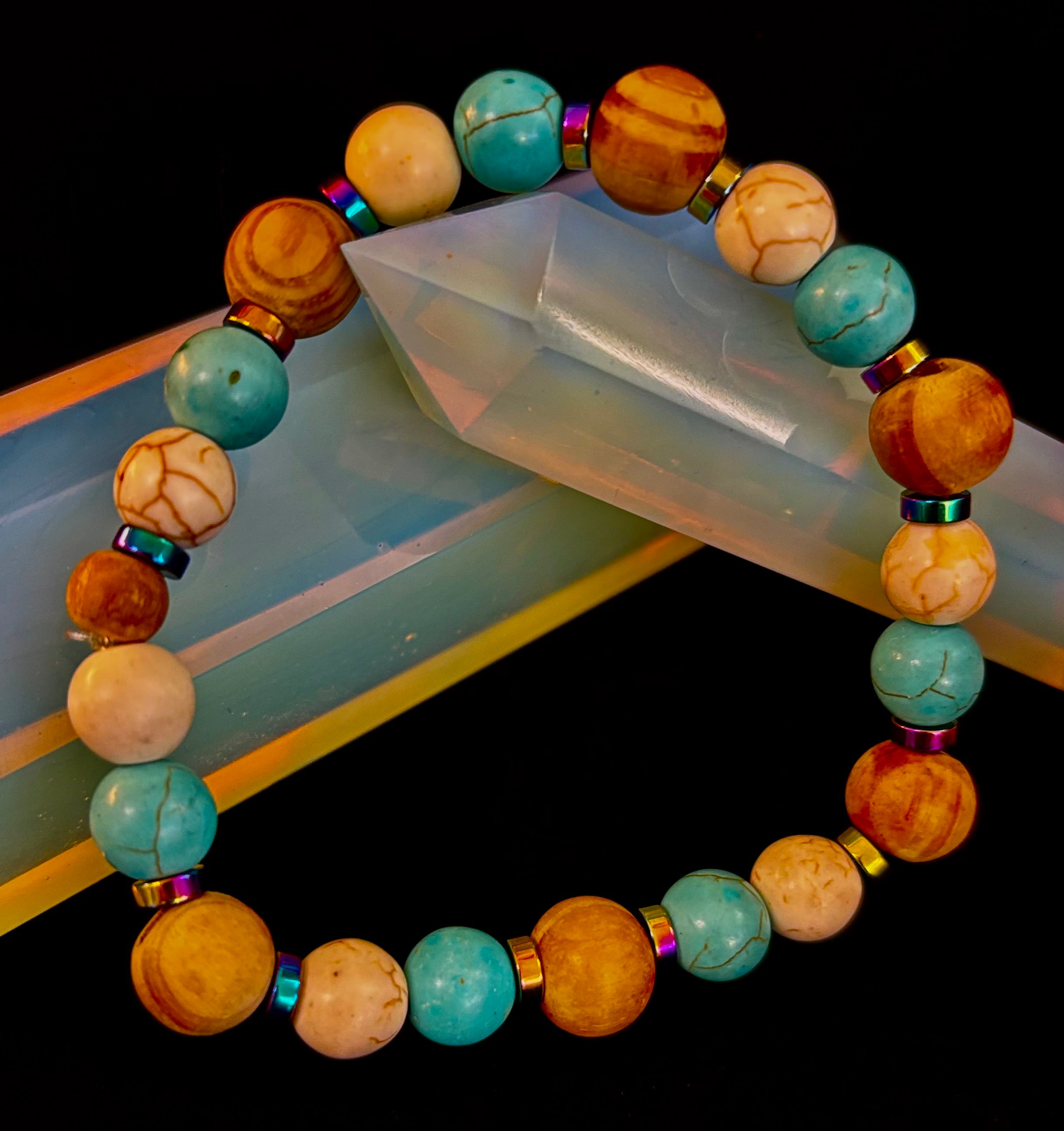 Turquoise and Cream Howlite with Coconut Palm Beads (8"-8.5" Large and XL Wrists) | | Wiccan Center