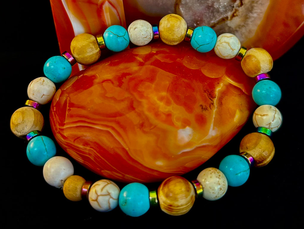 Turquoise and Cream Howlite with Coconut Palm Beads (8"-8.5" Large and XL Wrists) | | Wiccan Center