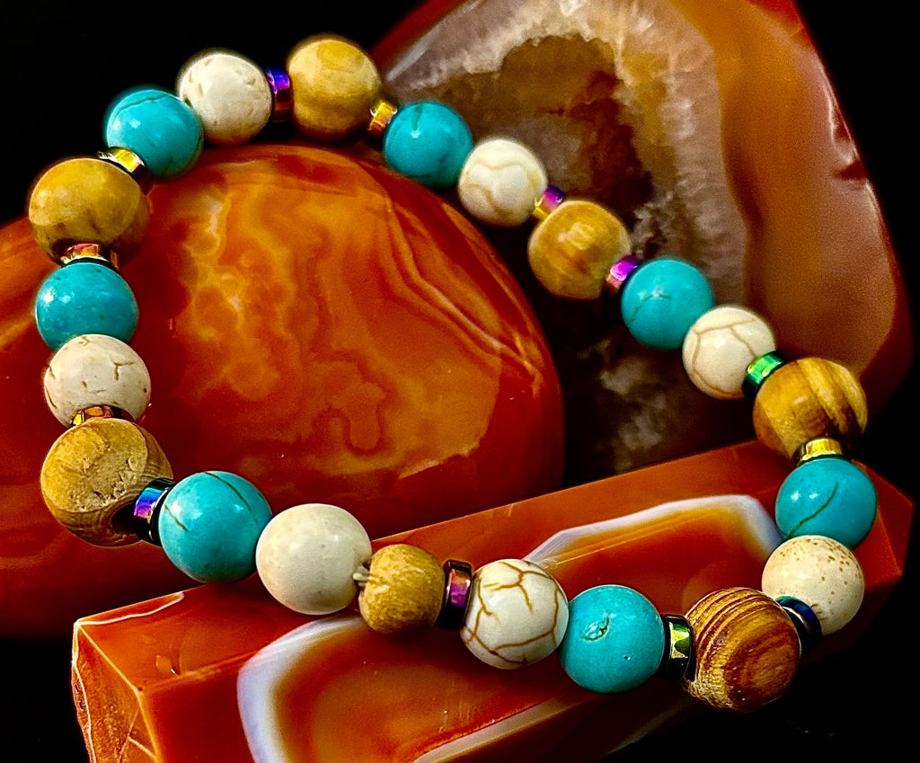 Turquoise and Cream Howlite with Coconut Palm Beads (8"-8.5" Large and XL Wrists) | | Wiccan Center