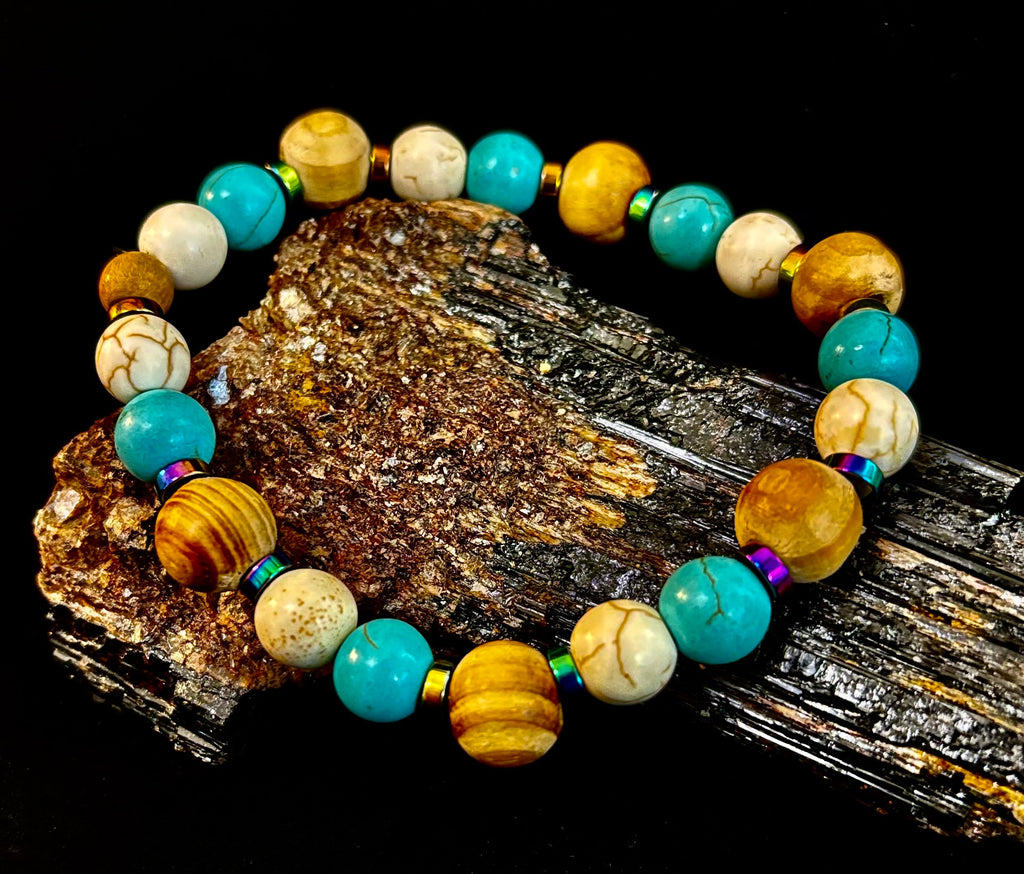 Turquoise and Cream Howlite with Coconut Palm Beads (8"-8.5" Large and XL Wrists) | | Wiccan Center