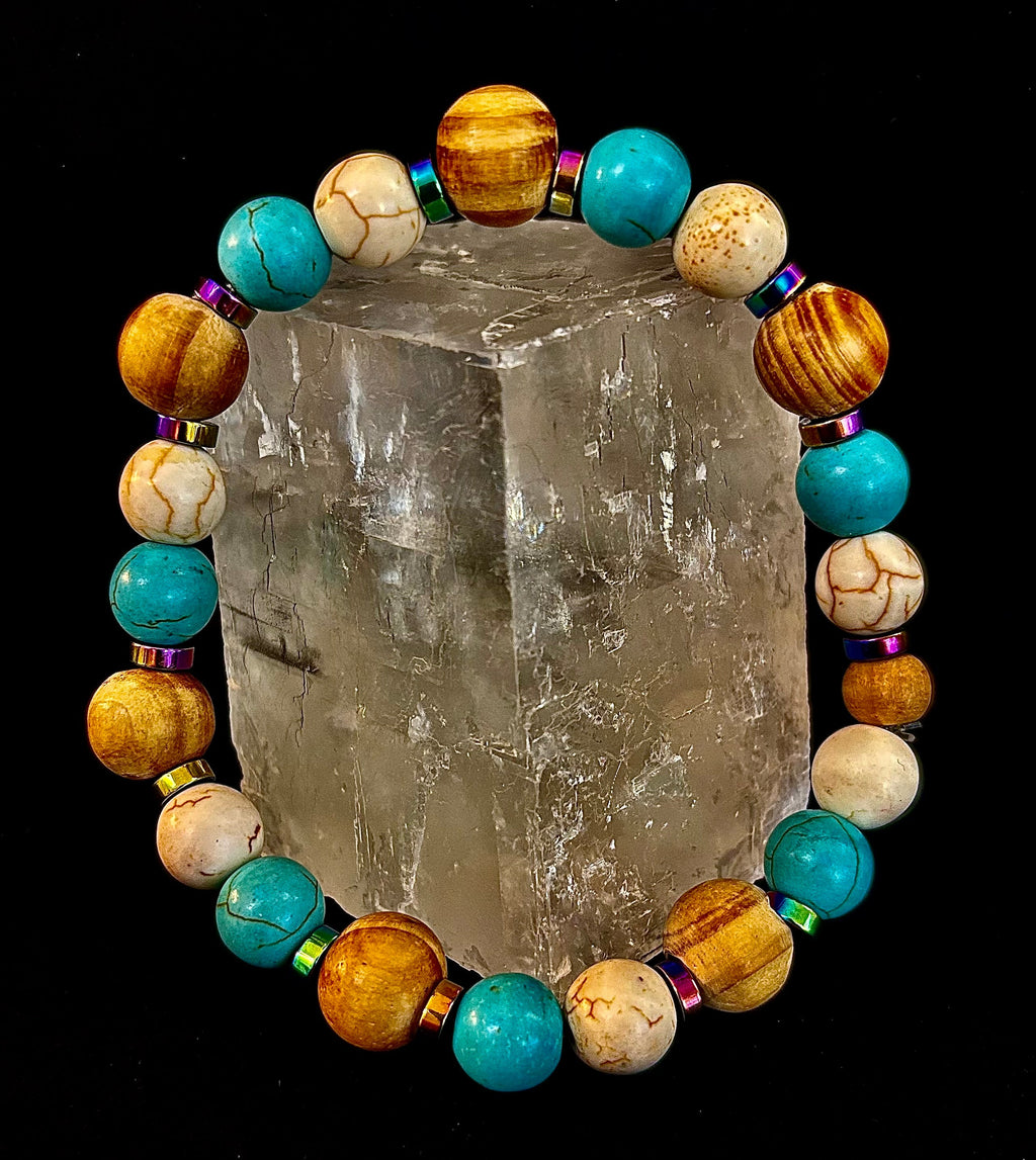 Turquoise and Cream Howlite with Coconut Palm Beads (8"-8.5" Large and XL Wrists) | | Wiccan Center