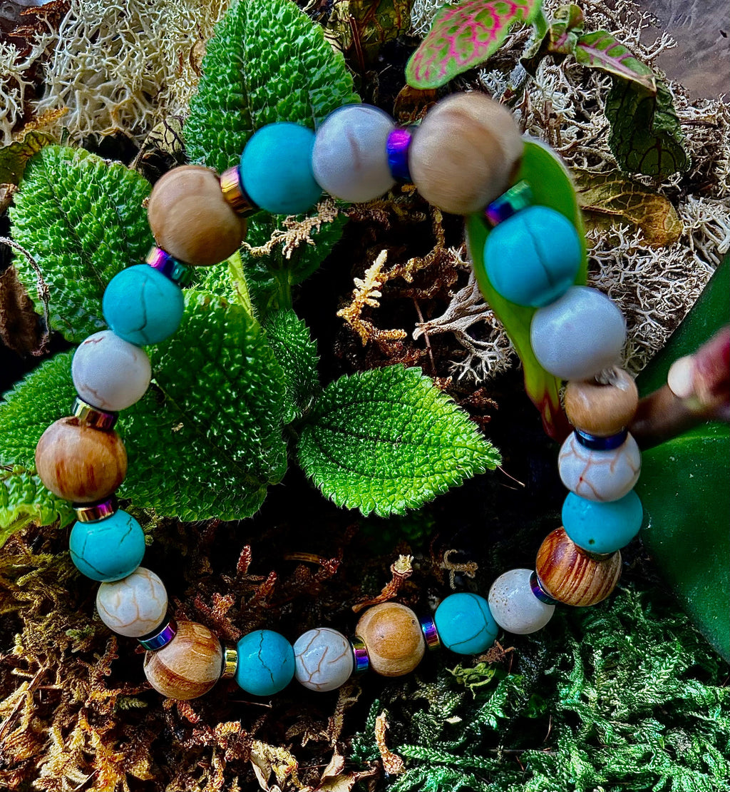 Turquoise and Cream Howlite with Coconut Palm Beads (8"-8.5" Large and XL Wrists) | | Wiccan Center