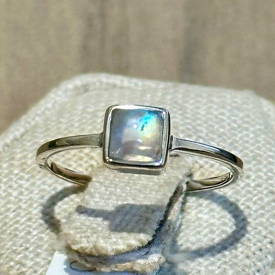 Rainbow Moonstone Square-Bezel Ring – Sterling Silver – Size 8 & 9 | Rings | Wiccan Center