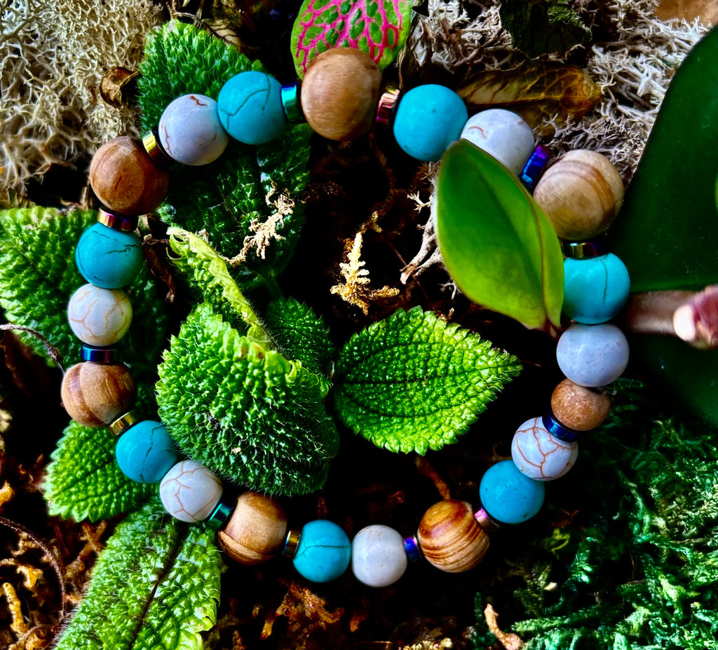 Turquoise and Cream Howlite with Coconut Palm Beads (8"-8.5" Large and XL Wrists) | | Wiccan Center