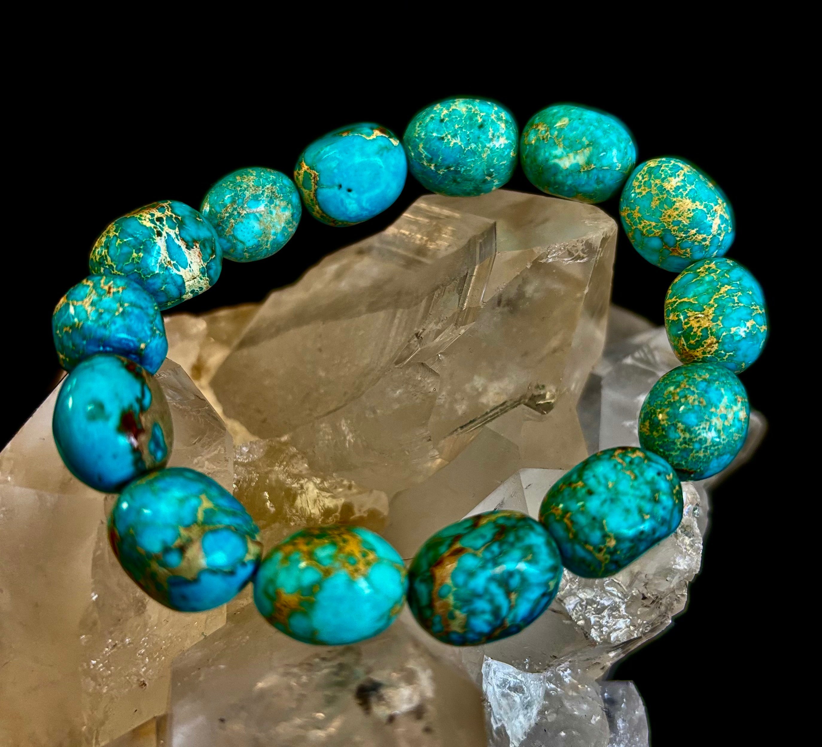 Imperial Jasper Nugget Stretch Bracelet — Natural Turquoise Green Jasper Statement Bracelet (Medium to Large Wrists) | | Wiccan Center