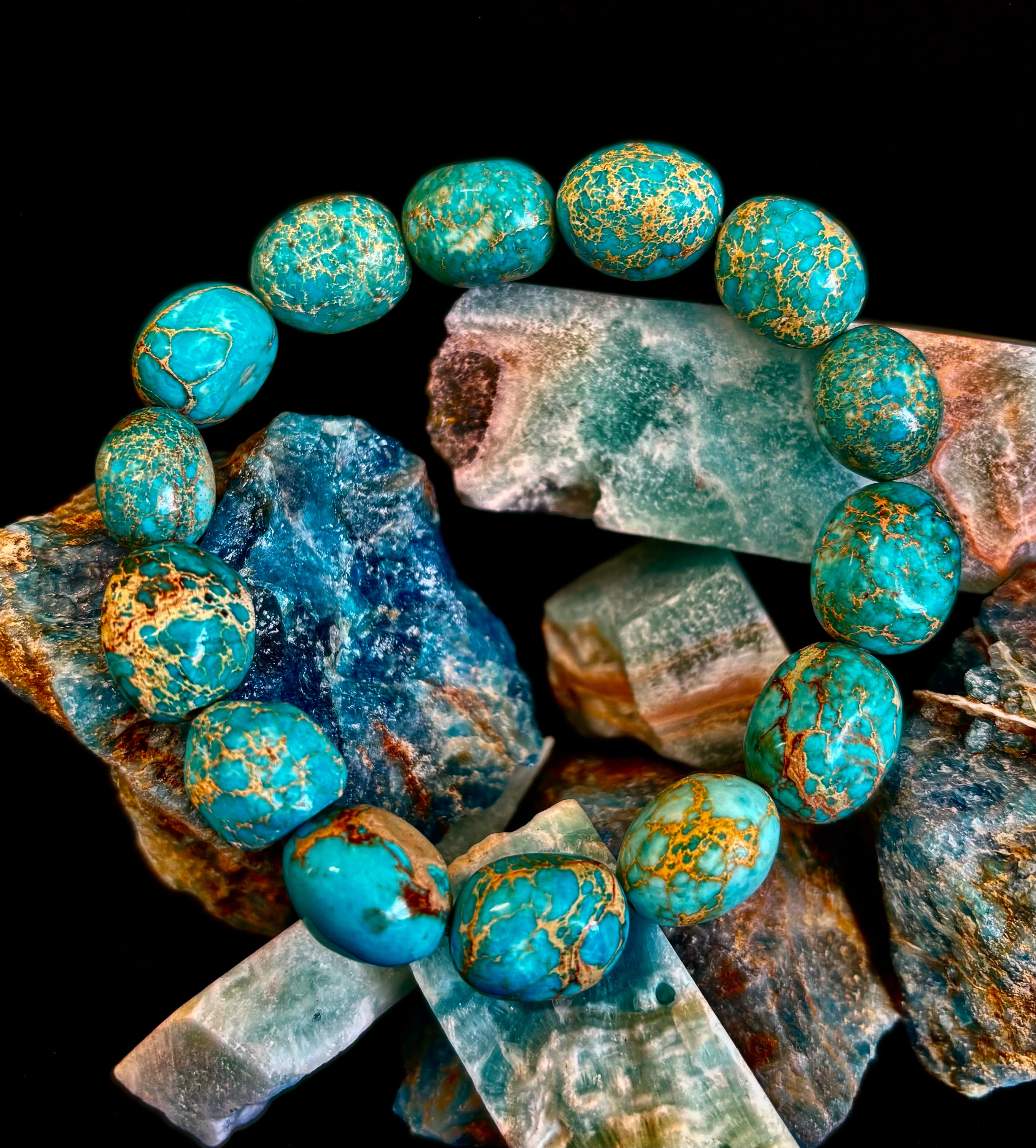 Imperial Jasper Nugget Stretch Bracelet — Natural Turquoise Green Jasper Statement Bracelet (Medium to Large Wrists) | | Wiccan Center