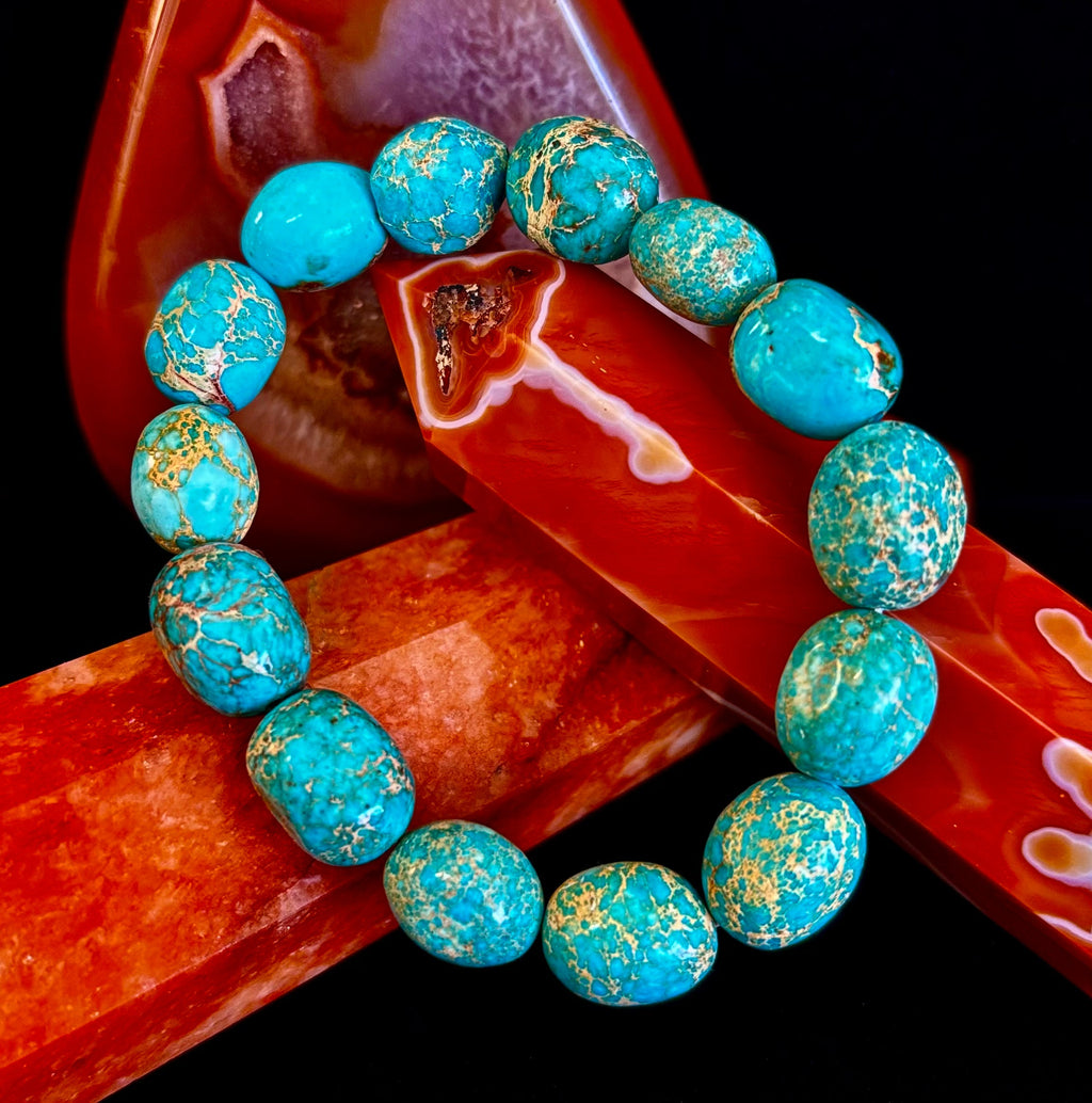 Imperial Jasper Nugget Stretch Bracelet — Natural Turquoise Green Jasper Statement Bracelet (Medium to Large Wrists) | | Wiccan Center