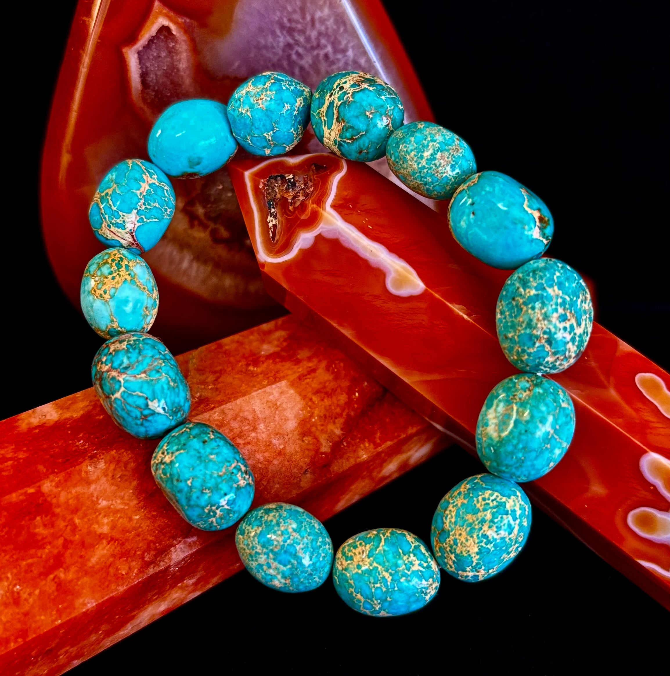 Imperial Jasper Nugget Stretch Bracelet — Natural Turquoise Green Jasper Statement Bracelet (Medium to Large Wrists) | | Wiccan Center