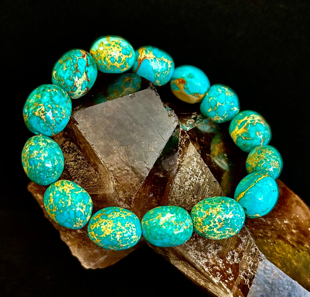 Imperial Jasper Nugget Stretch Bracelet — Natural Turquoise Green Jasper Statement Bracelet (Medium to Large Wrists) | | Wiccan Center