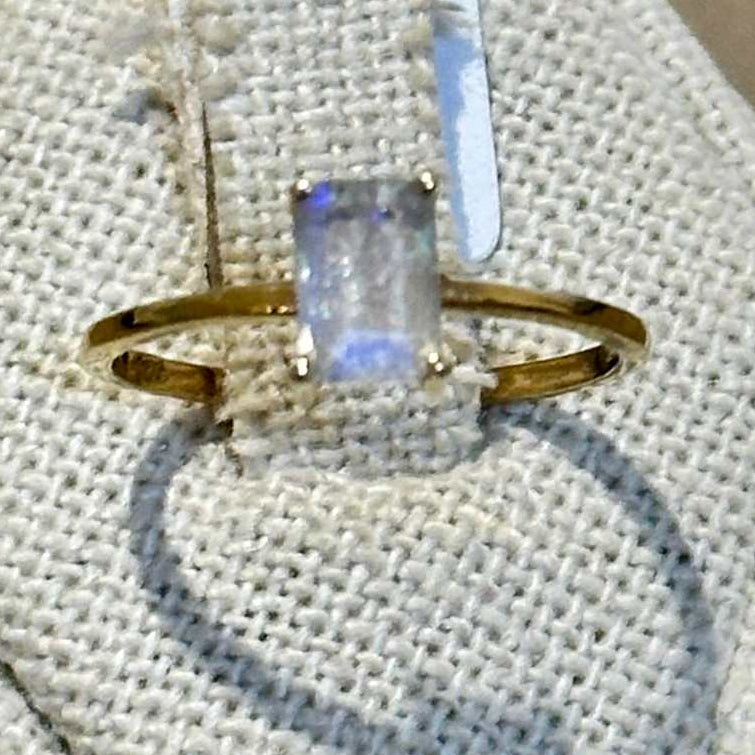 Rainbow Moonstone Emerald-Cut Solitaire Ring – Gold Vermeil – Size 8 | Rings | Wiccan Center