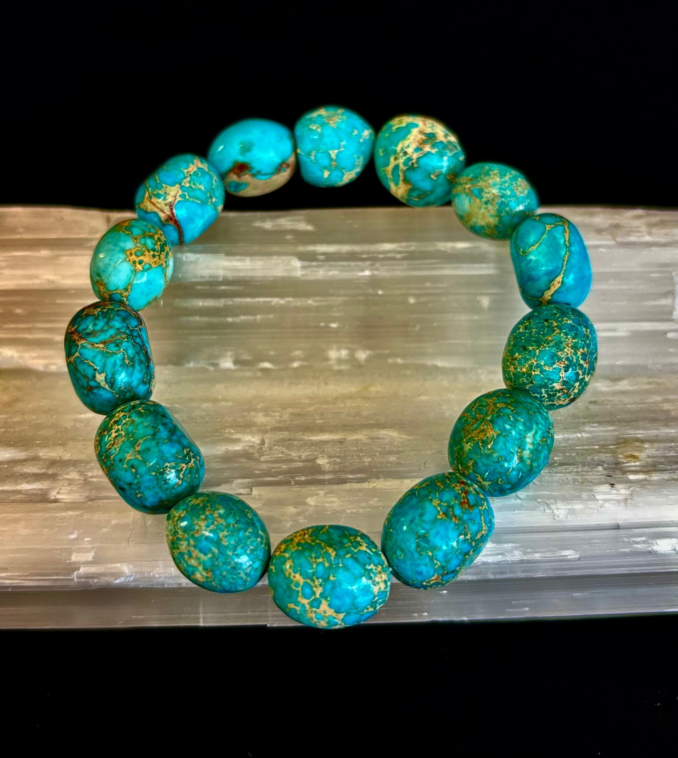 Imperial Jasper Nugget Stretch Bracelet — Natural Turquoise Green Jasper Statement Bracelet (Medium to Large Wrists) | | Wiccan Center