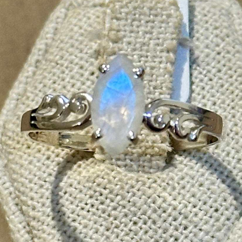 Rainbow Moonstone Marquise-Scrollwork Ring – Sterling Silver – Size 14 | Rings | Wiccan Center