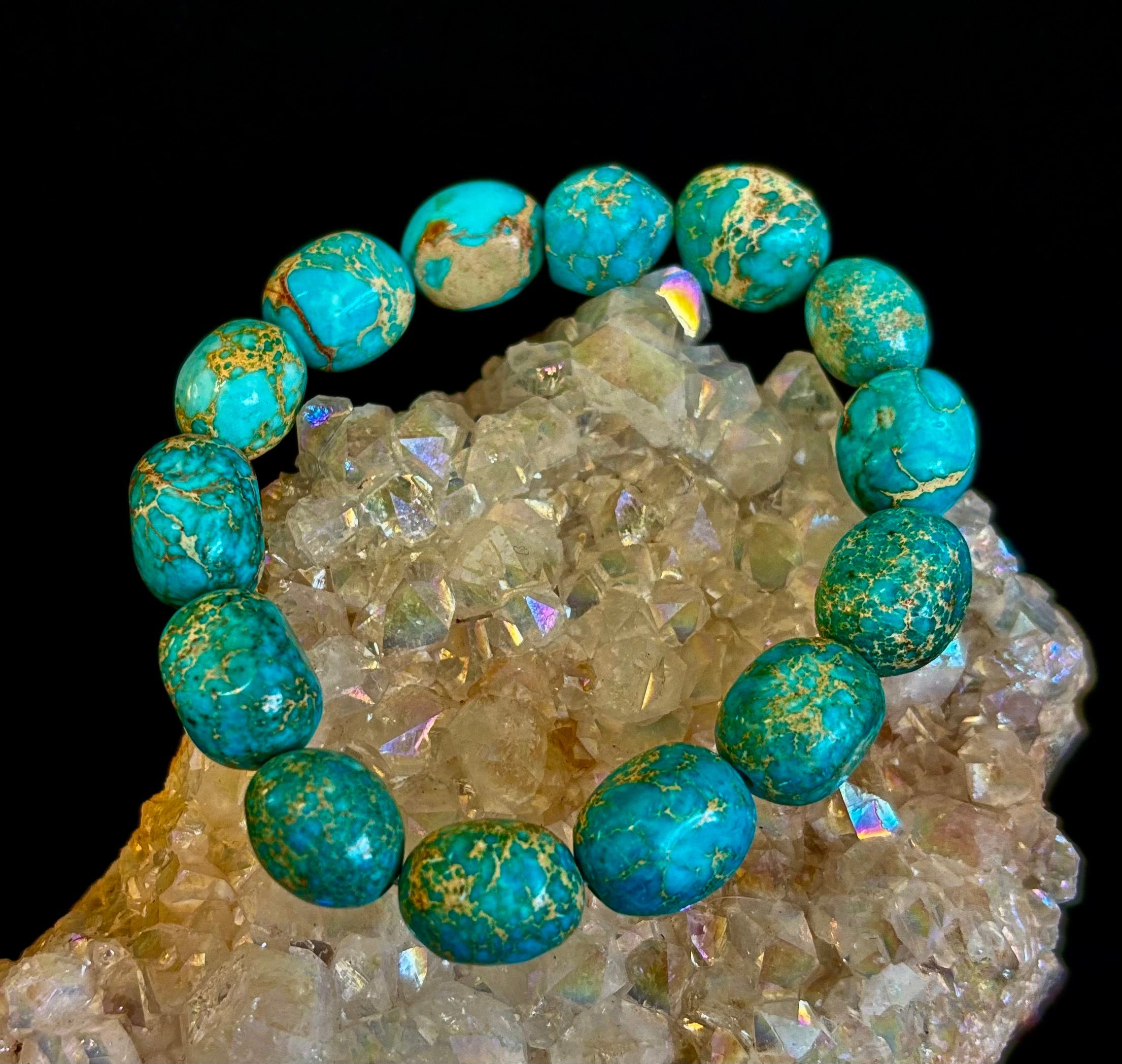 Imperial Jasper Nugget Stretch Bracelet — Natural Turquoise Green Jasper Statement Bracelet (Medium to Large Wrists) | | Wiccan Center