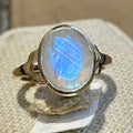 Rainbow Moonstone Oval-Whisper Scroll Ring – Sterling Silver – Size 5 | Rings | Wiccan Center