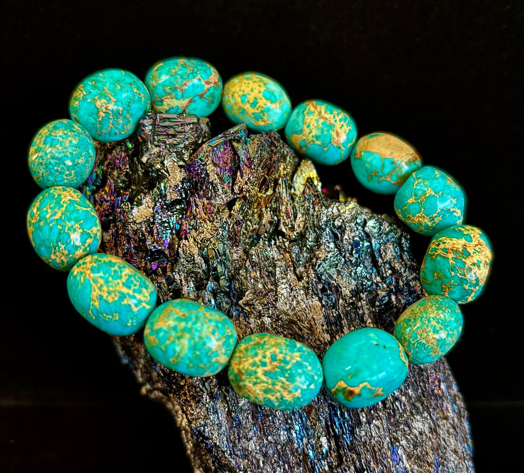 Imperial Jasper Nugget Stretch Bracelet — Natural Turquoise Green Jasper Statement Bracelet (Medium to Large Wrists) | | Wiccan Center