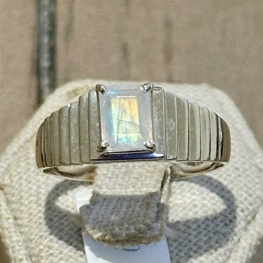 Rainbow Moonstone Baguette-Ridged Band Ring – Sterling Silver – Size 14 | Rings | Wiccan Center