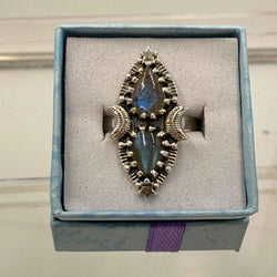 Sterling Silver Double Teardrop Celestial Labradorite Ring - Size 10 - Intuitive, Protective & Transformative | Rings | Wiccan Center