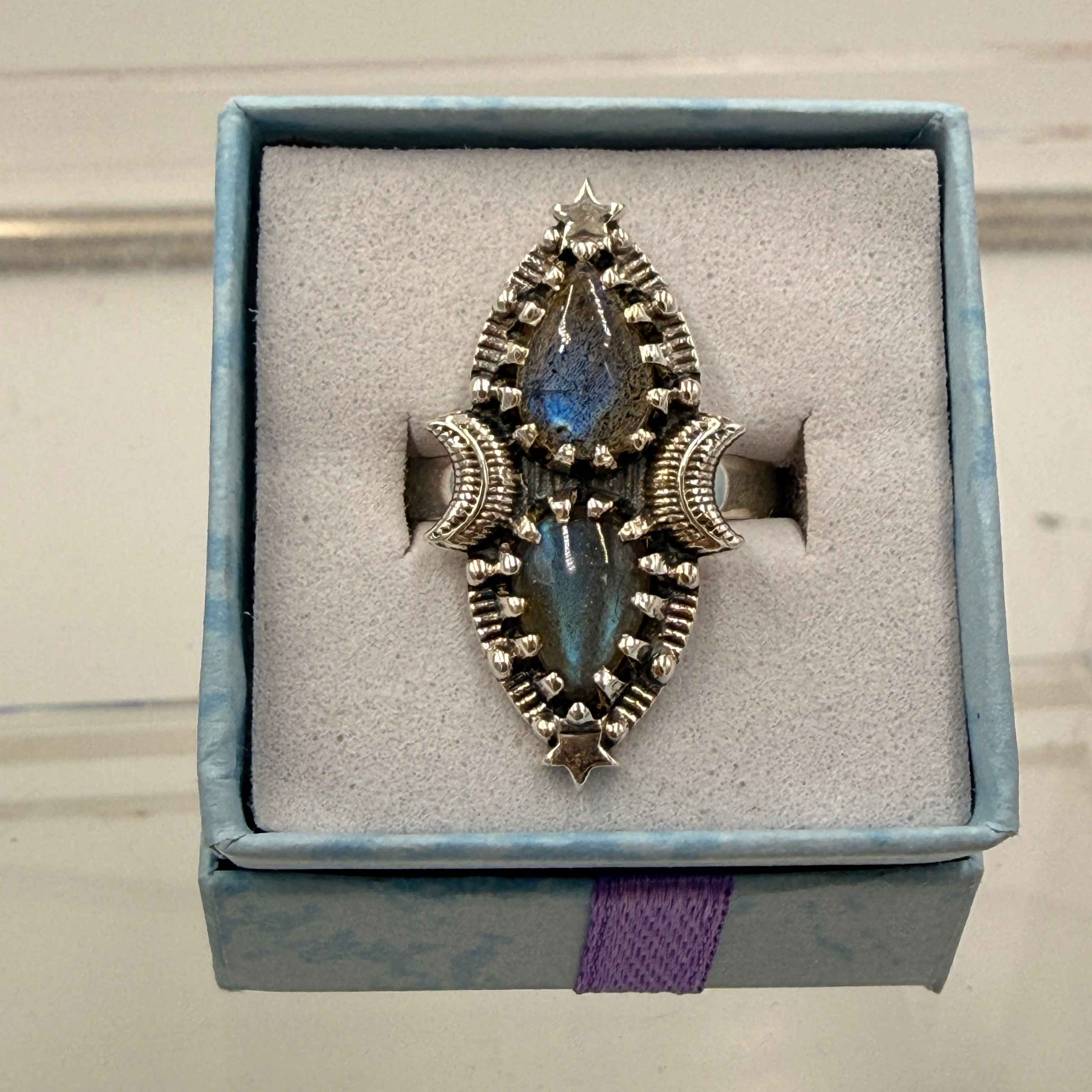 Sterling Silver Double Teardrop Celestial Labradorite Ring - Size 10 - Intuitive, Protective & Transformative | Rings | Wiccan Center