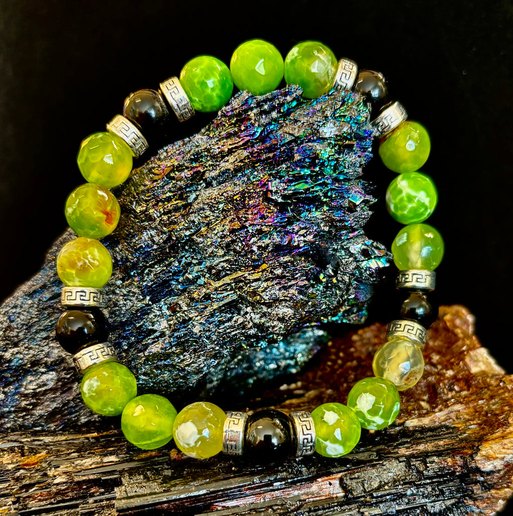 Green Agate & Black Onyx Stretch Bracelet — Handmade Natural Stone Bracelet with Silver Spacers for Large to XL Wrists (7.5"–8.5") | | Wiccan Center