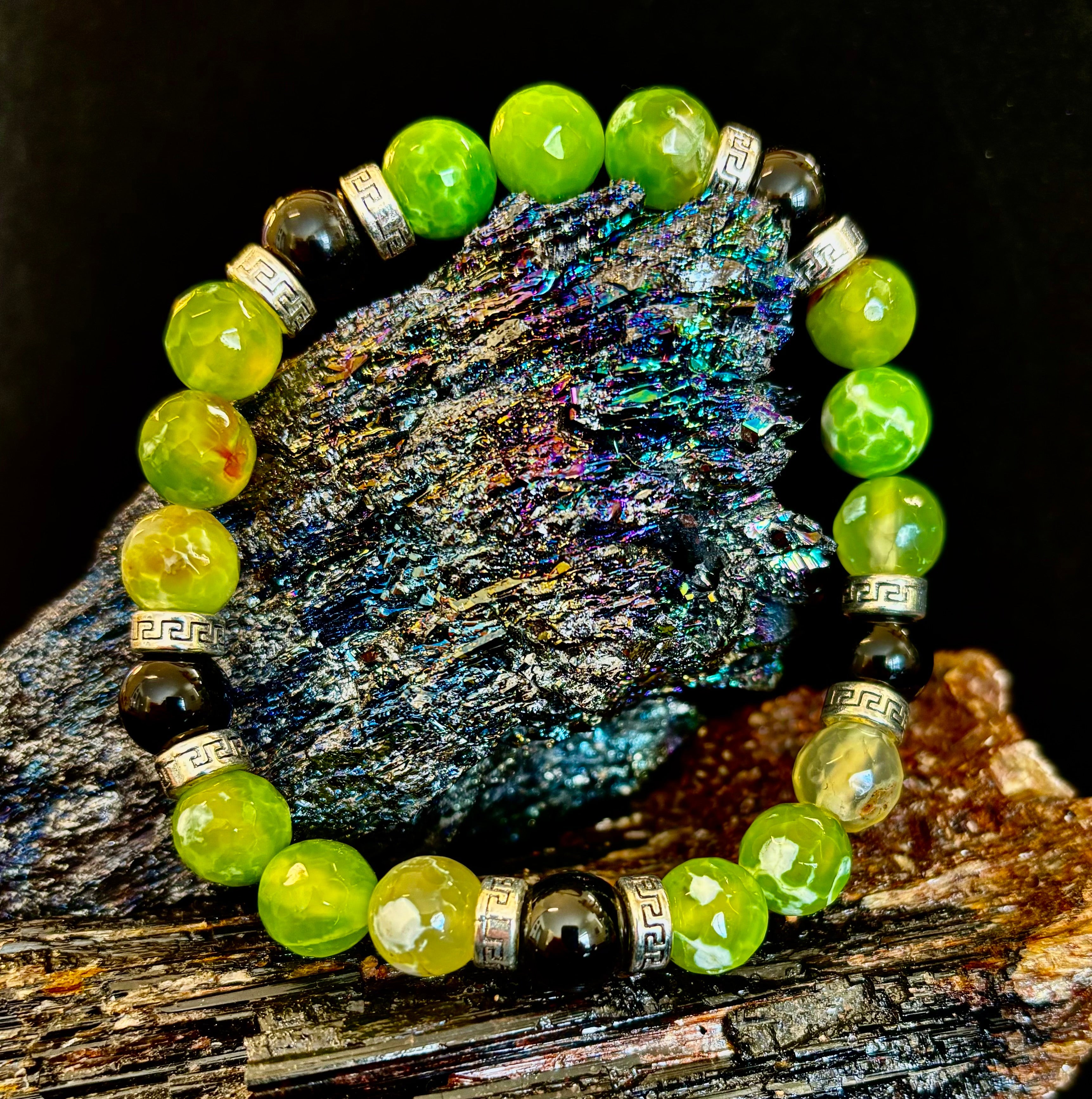 Green Agate & Black Onyx Stretch Bracelet — Handmade Natural Stone Bracelet with Silver Spacers for Large to XL Wrists (7.5"–8.5") | | Wiccan Center