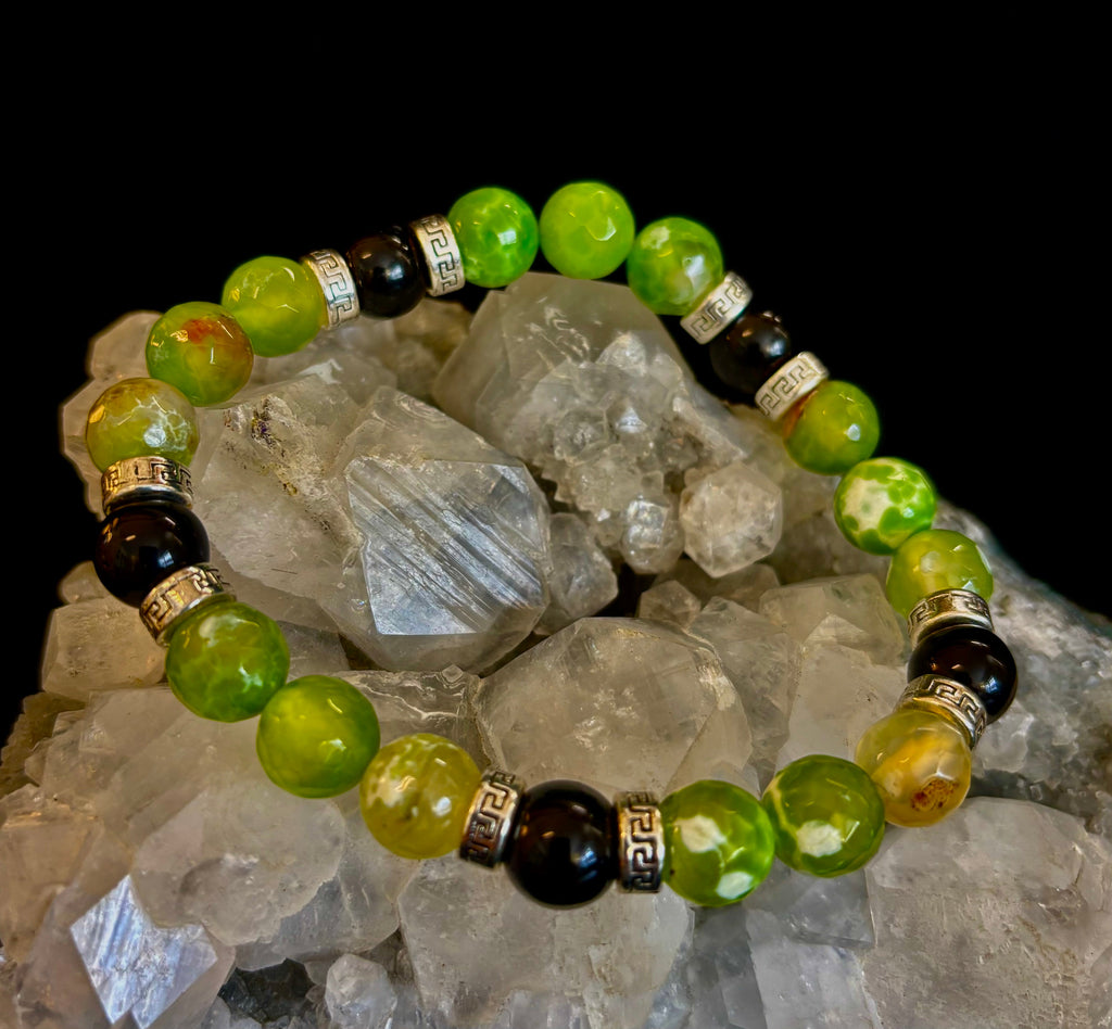 Green Agate & Black Onyx Stretch Bracelet — Handmade Natural Stone Bracelet with Silver Spacers for Large to XL Wrists (7.5"–8.5") | | Wiccan Center