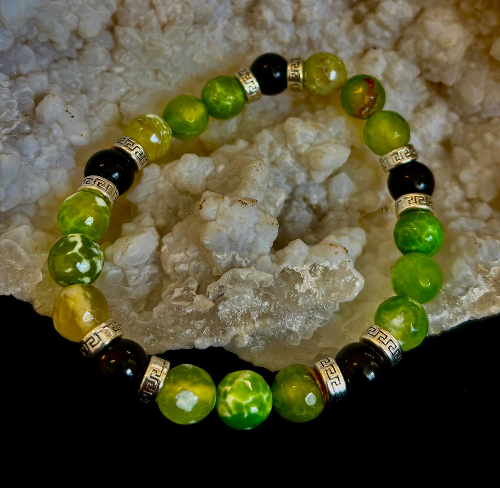 Green Agate & Black Onyx Stretch Bracelet — Handmade Natural Stone Bracelet with Silver Spacers for Large to XL Wrists (7.5"–8.5") | | Wiccan Center