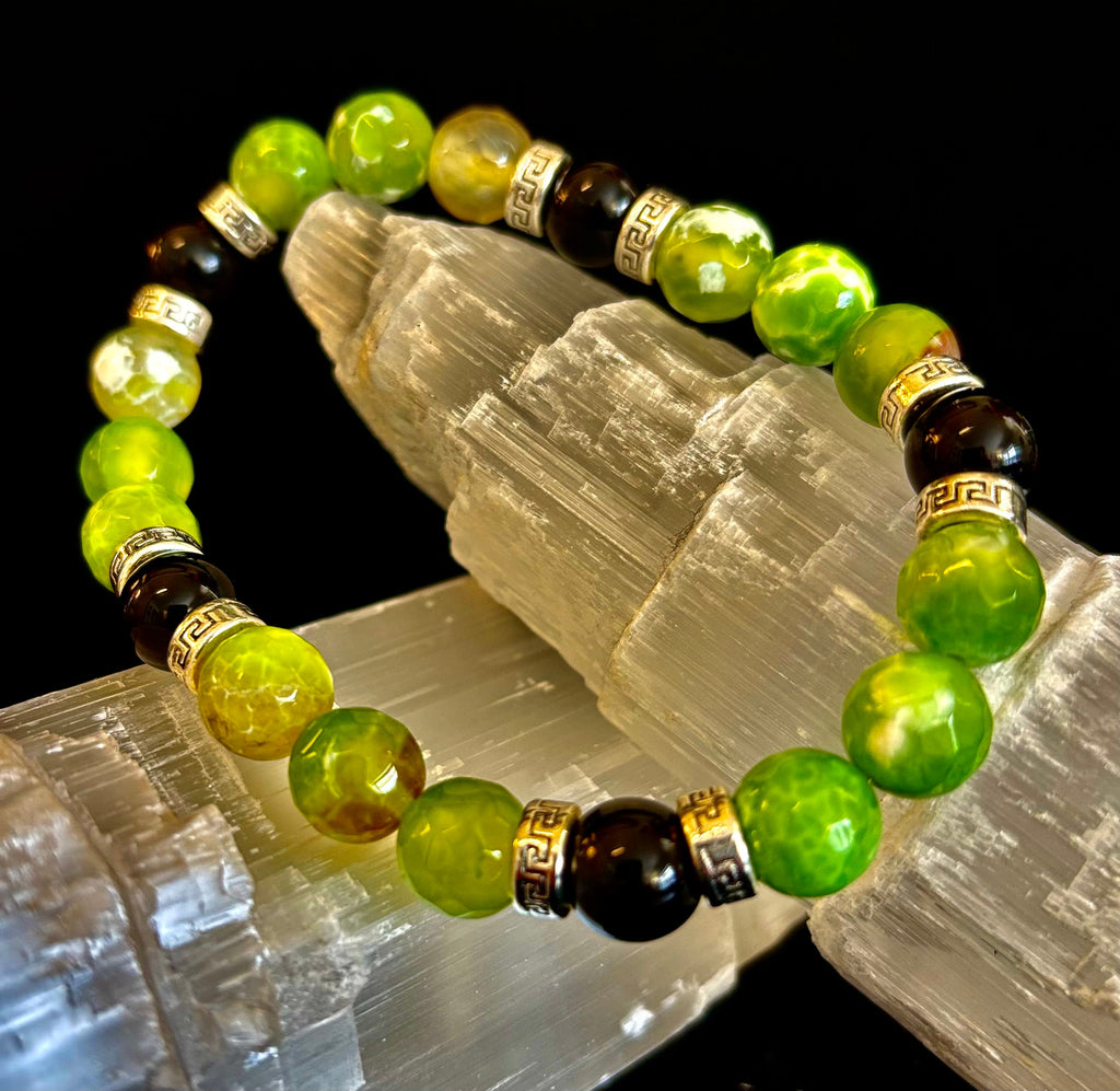 Green Agate & Black Onyx Stretch Bracelet — Handmade Natural Stone Bracelet with Silver Spacers for Large to XL Wrists (7.5"–8.5") | | Wiccan Center