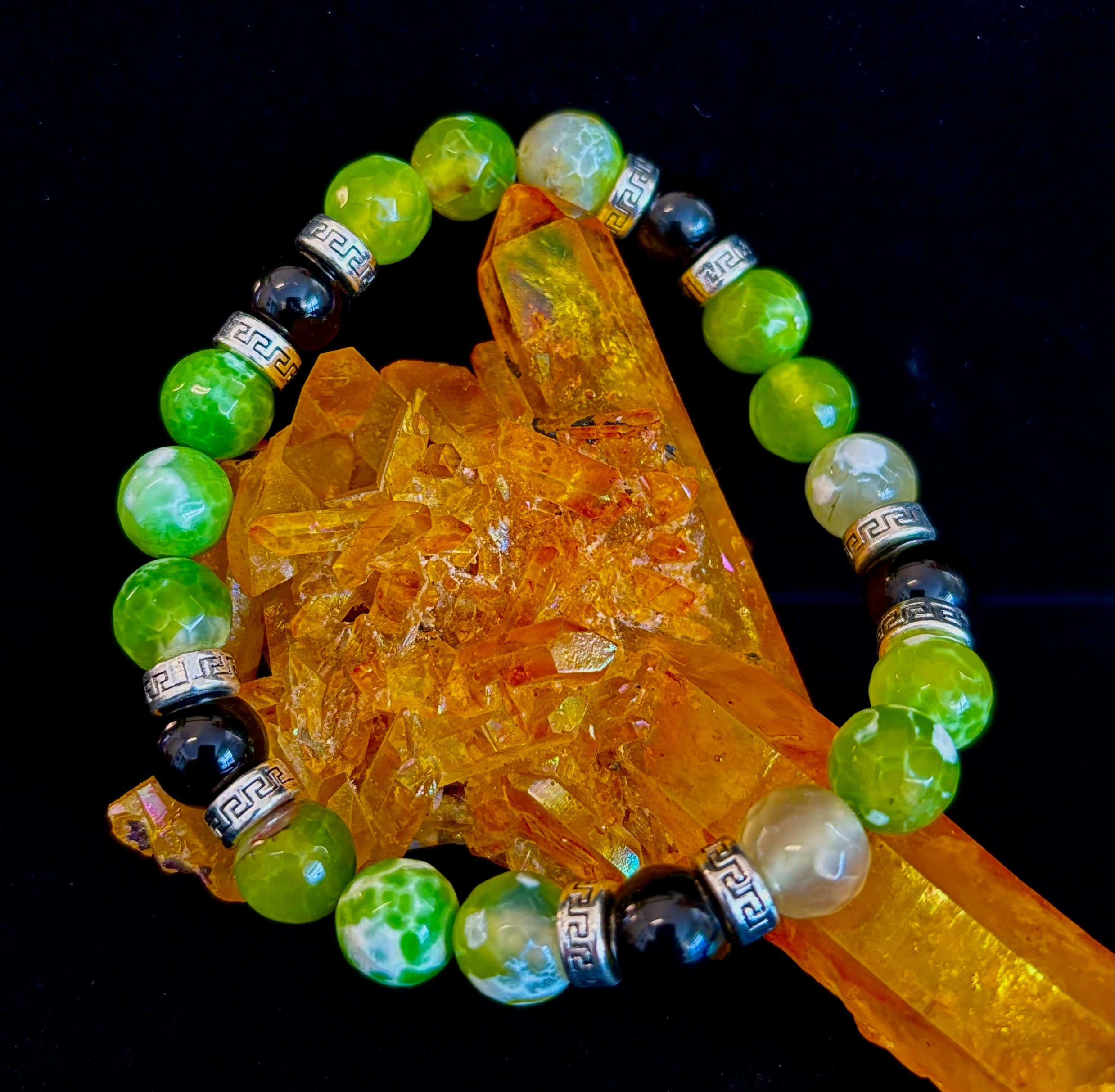 Green Agate & Black Onyx Stretch Bracelet — Handmade Natural Stone Bracelet with Silver Spacers for Large to XL Wrists (7.5"–8.5") | | Wiccan Center