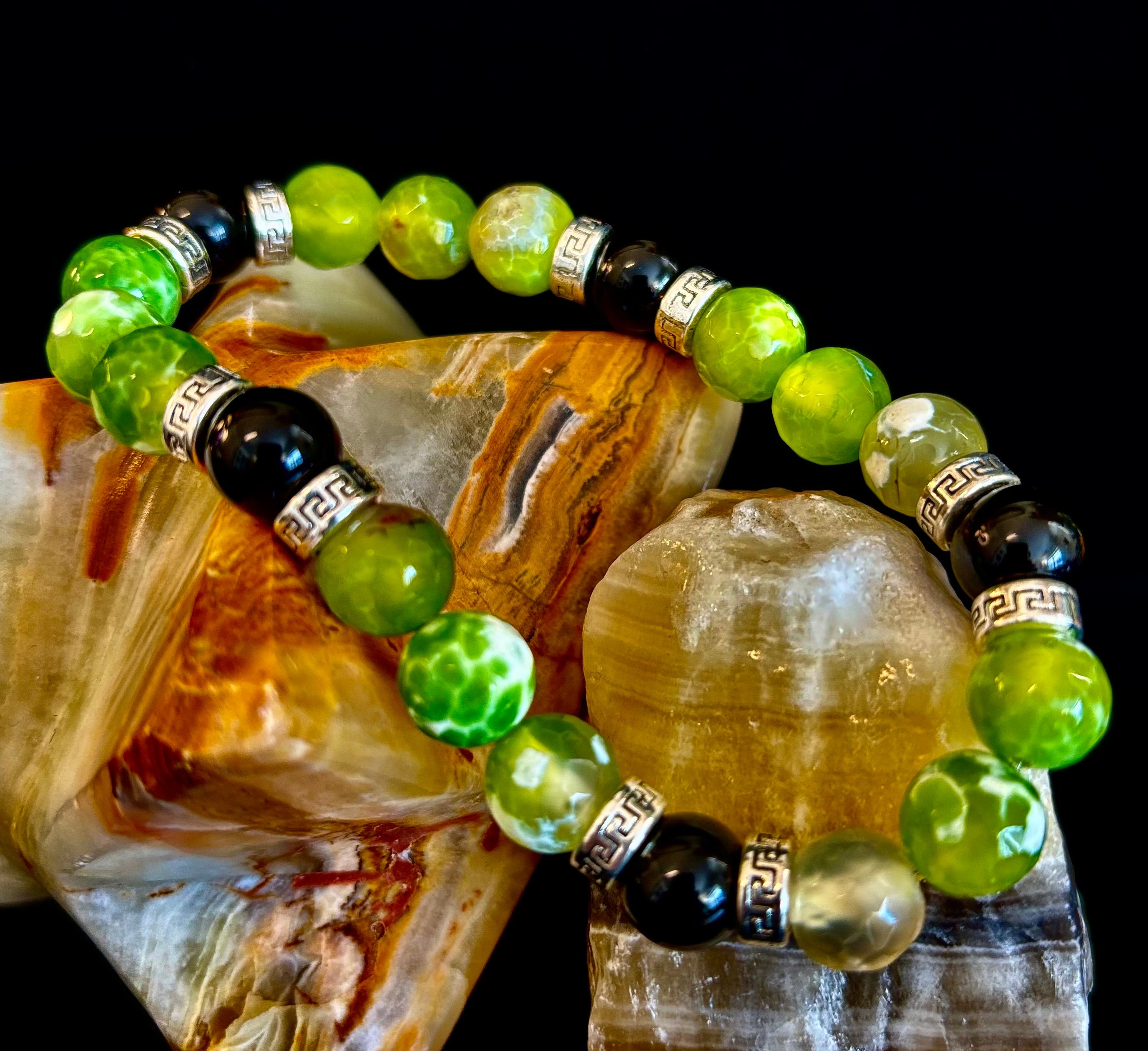 Green Agate & Black Onyx Stretch Bracelet — Handmade Natural Stone Bracelet with Silver Spacers for Large to XL Wrists (7.5"–8.5") | | Wiccan Center