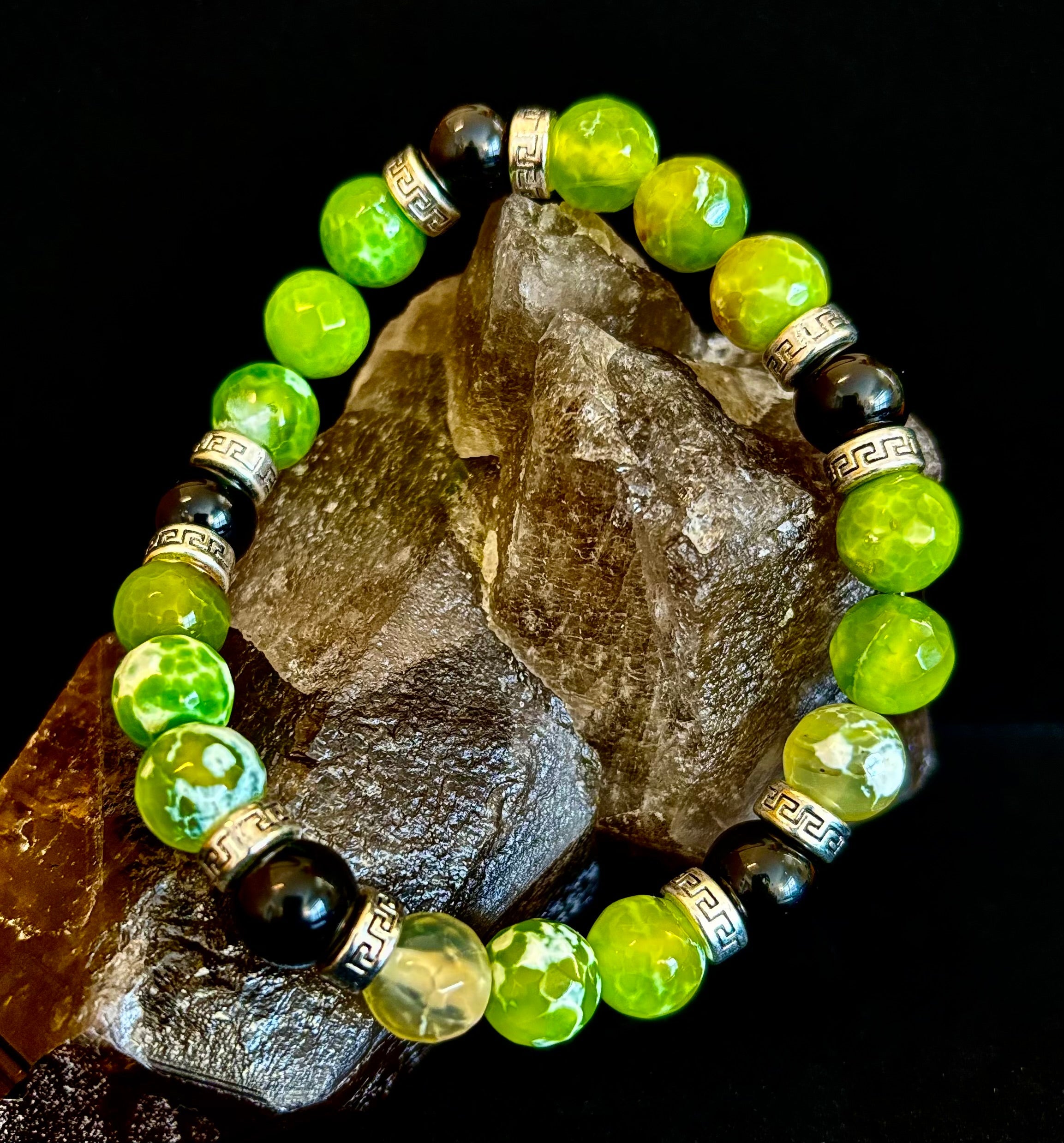 Green Agate & Black Onyx Stretch Bracelet — Handmade Natural Stone Bracelet with Silver Spacers for Large to XL Wrists (7.5"–8.5") | | Wiccan Center