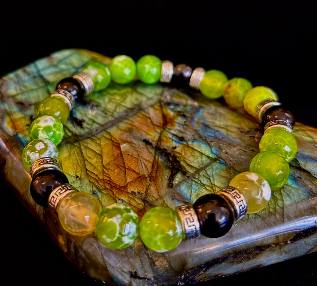 Green Agate & Black Onyx Stretch Bracelet — Handmade Natural Stone Bracelet with Silver Spacers for Large to XL Wrists (7.5"–8.5") | | Wiccan Center