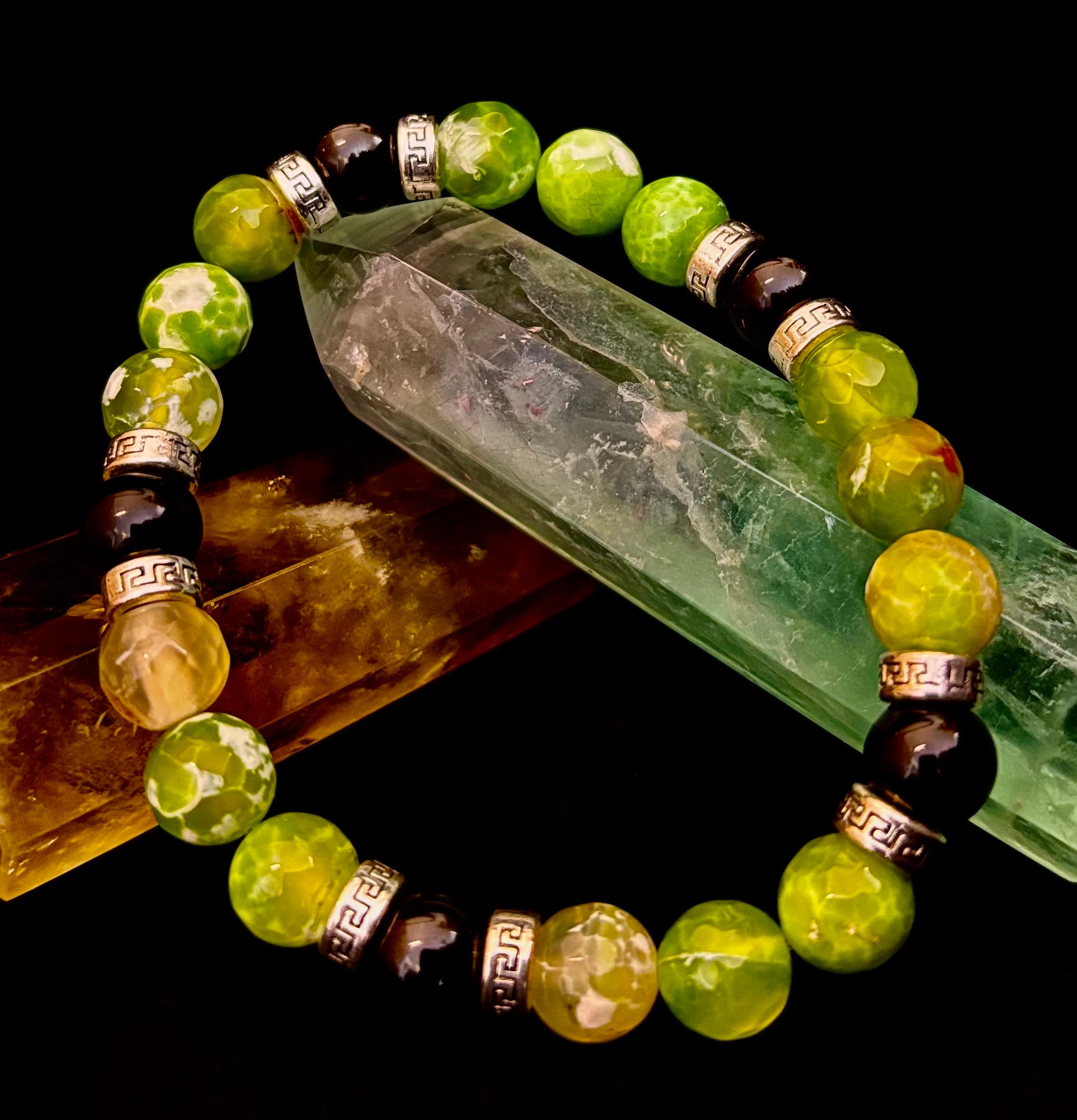 Green Agate & Black Onyx Stretch Bracelet — Handmade Natural Stone Bracelet with Silver Spacers for Large to XL Wrists (7.5"–8.5") | | Wiccan Center