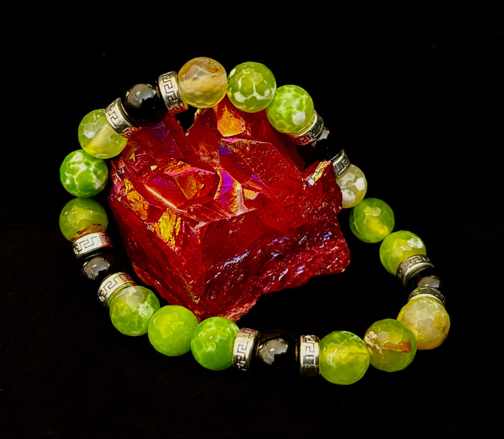 Green Agate & Black Onyx Stretch Bracelet — Handmade Natural Stone Bracelet with Silver Spacers for Large to XL Wrists (7.5"–8.5") | | Wiccan Center