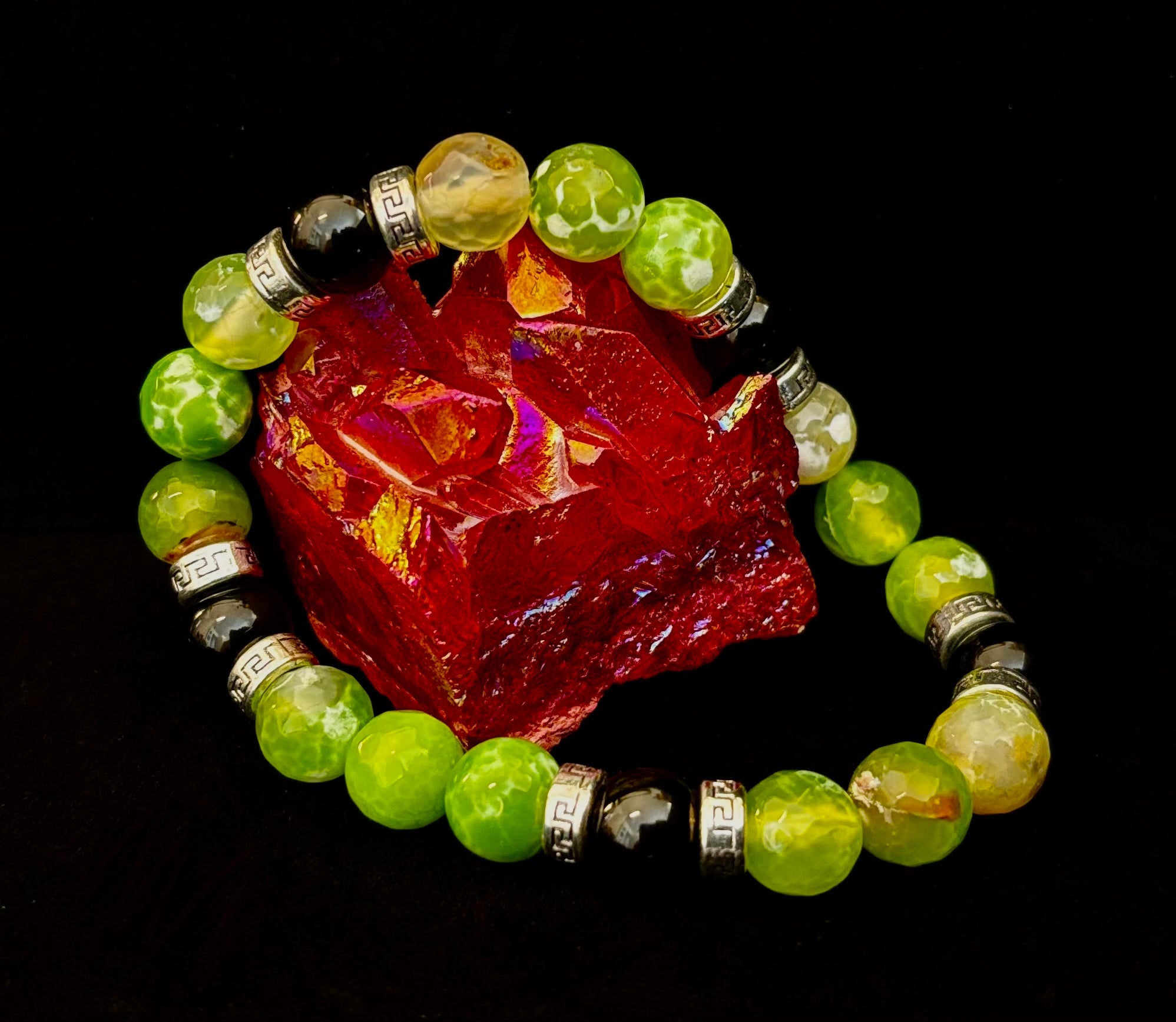 Green Agate & Black Onyx Stretch Bracelet — Handmade Natural Stone Bracelet with Silver Spacers for Large to XL Wrists (7.5"–8.5") | | Wiccan Center