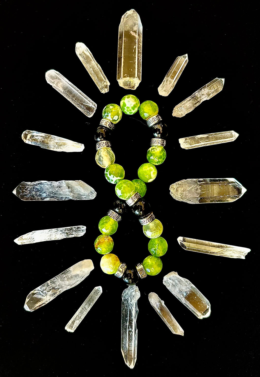 Green Agate & Black Onyx Stretch Bracelet — Handmade Natural Stone Bracelet with Silver Spacers for Large to XL Wrists (7.5"–8.5") | | Wiccan Center