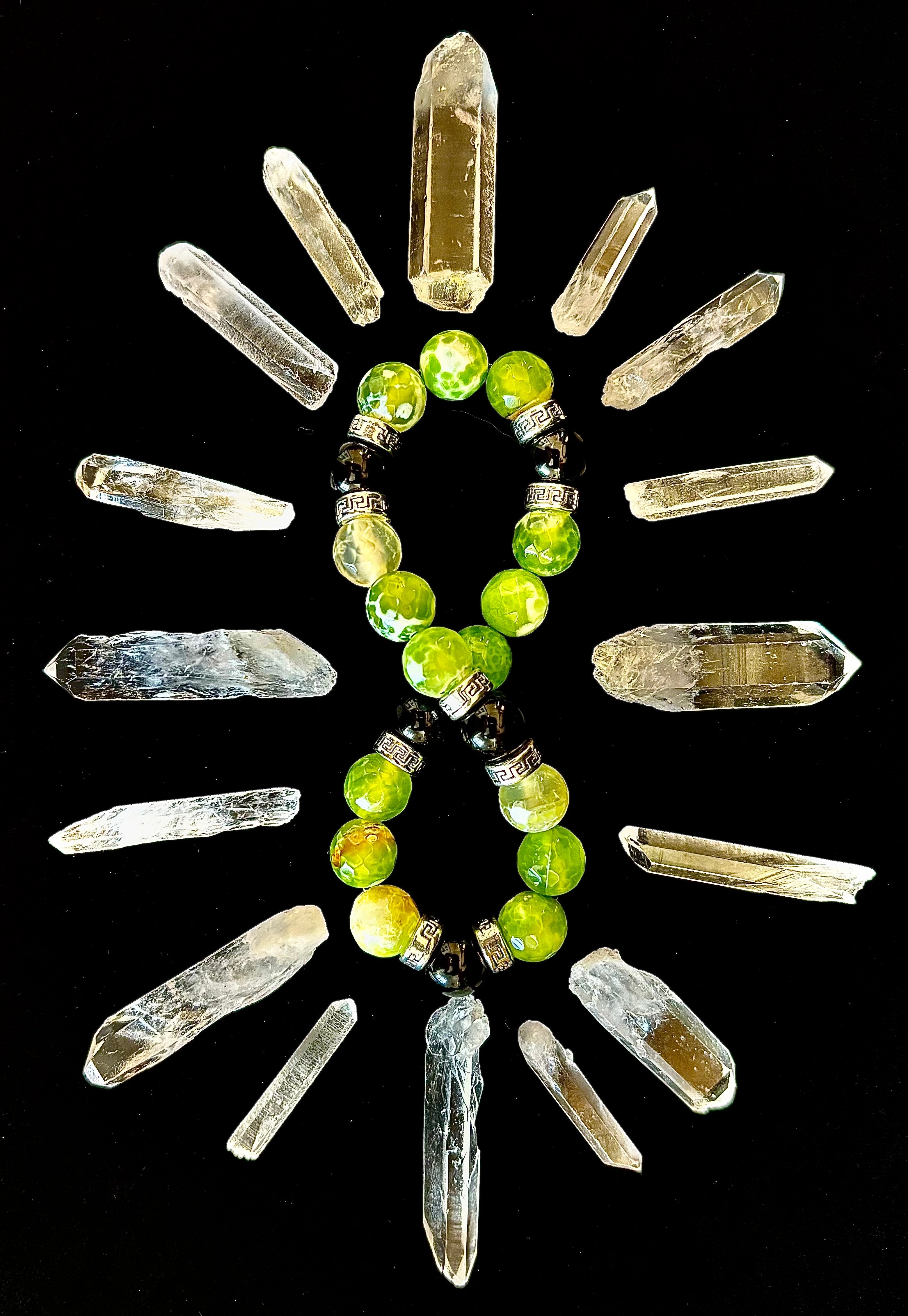 Green Agate & Black Onyx Stretch Bracelet — Handmade Natural Stone Bracelet with Silver Spacers for Large to XL Wrists (7.5"–8.5") | | Wiccan Center