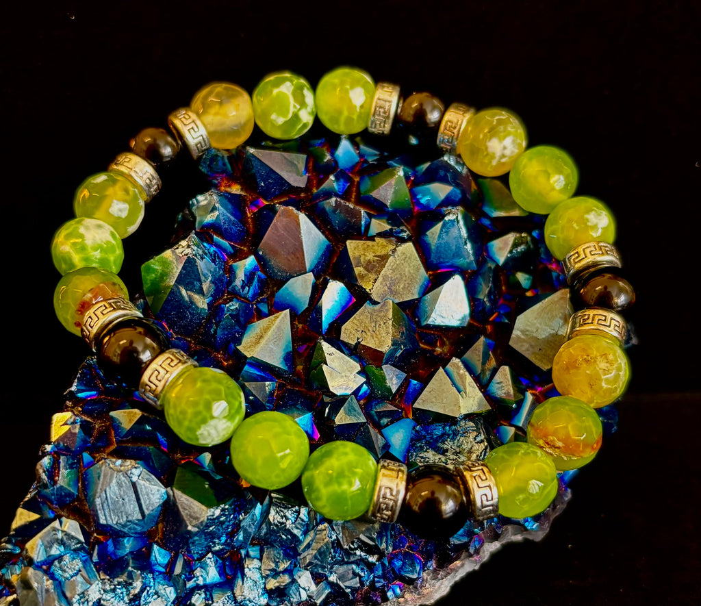 Green Agate & Black Onyx Stretch Bracelet — Handmade Natural Stone Bracelet with Silver Spacers for Large to XL Wrists (7.5"–8.5") | | Wiccan Center