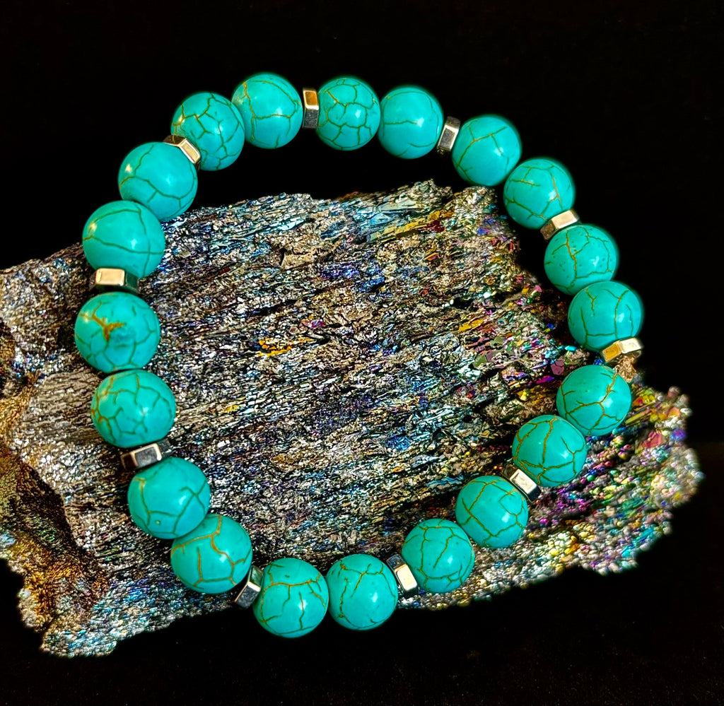 Turquoise Howlite Bracelet with Silver Spacers — Handmade in Puerto Vallarta — Calming Natural Stone Stretch Bracelet (6.75"–7.5" Medium to Large Wrists) | | Wiccan Center
