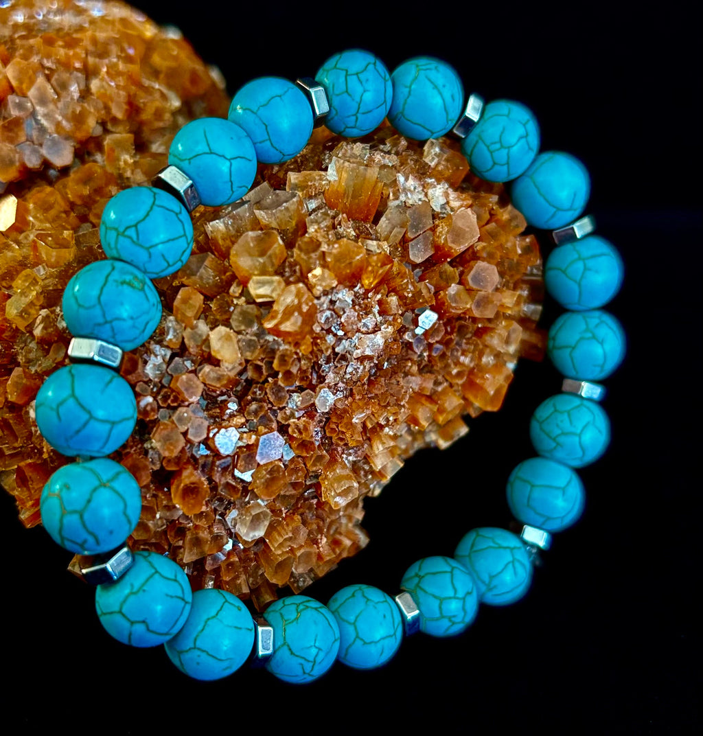 Turquoise Howlite Bracelet with Silver Spacers — Handmade in Puerto Vallarta — Calming Natural Stone Stretch Bracelet (6.75"–7.5" Medium to Large Wrists) | | Wiccan Center