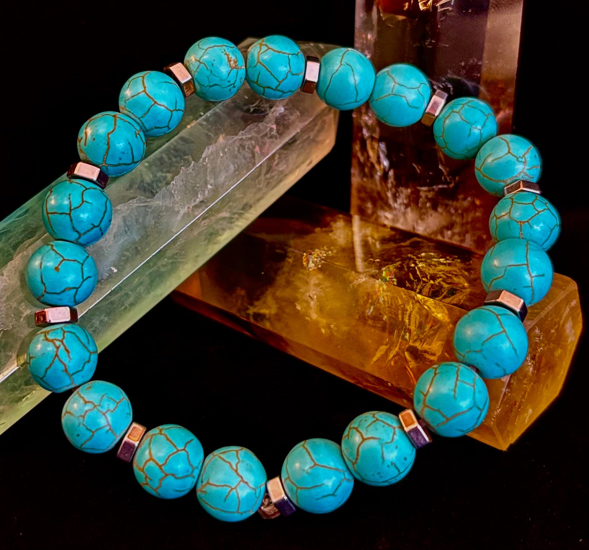 Turquoise Howlite Bracelet with Silver Spacers — Handmade in Puerto Vallarta — Calming Natural Stone Stretch Bracelet (6.75"–7.5" Medium to Large Wrists) | | Wiccan Center