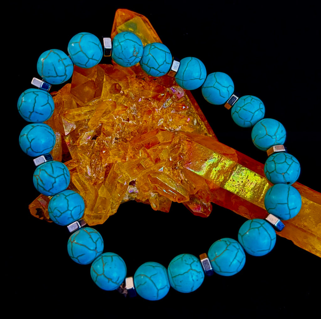 Turquoise Howlite Bracelet with Silver Spacers — Handmade in Puerto Vallarta — Calming Natural Stone Stretch Bracelet (6.75"–7.5" Medium to Large Wrists) | | Wiccan Center