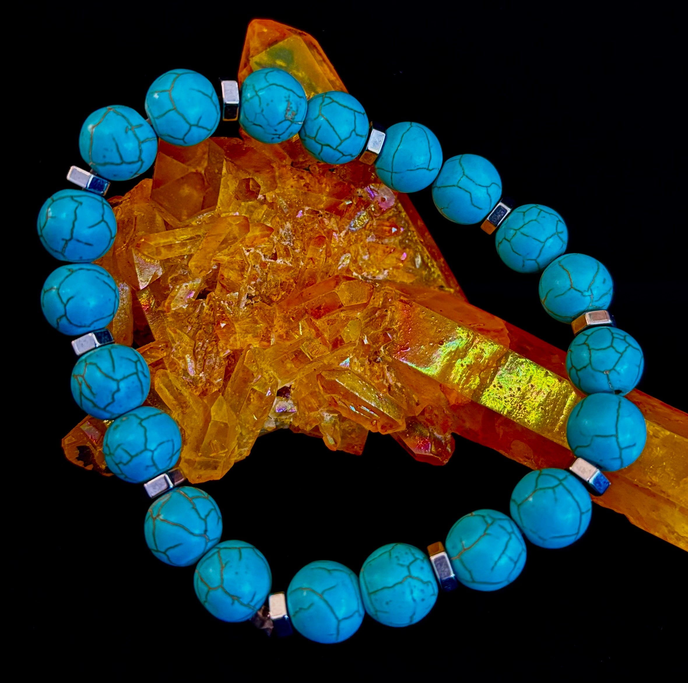 Turquoise Howlite Bracelet with Silver Spacers — Handmade in Puerto Vallarta — Calming Natural Stone Stretch Bracelet (6.75"–7.5" Medium to Large Wrists) | | Wiccan Center