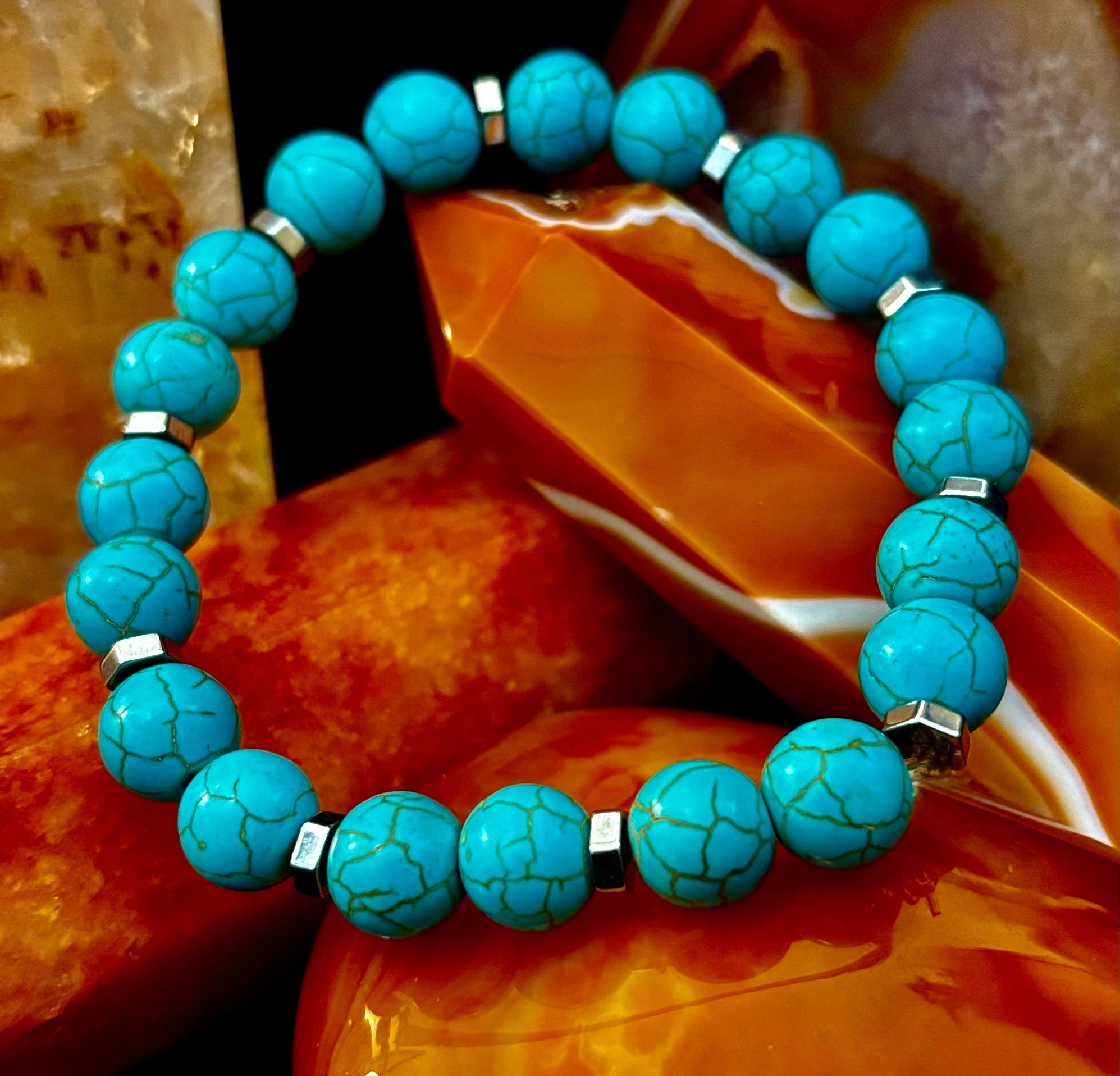 Turquoise Howlite Bracelet with Silver Spacers — Handmade in Puerto Vallarta — Calming Natural Stone Stretch Bracelet (6.75"–7.5" Medium to Large Wrists) | | Wiccan Center