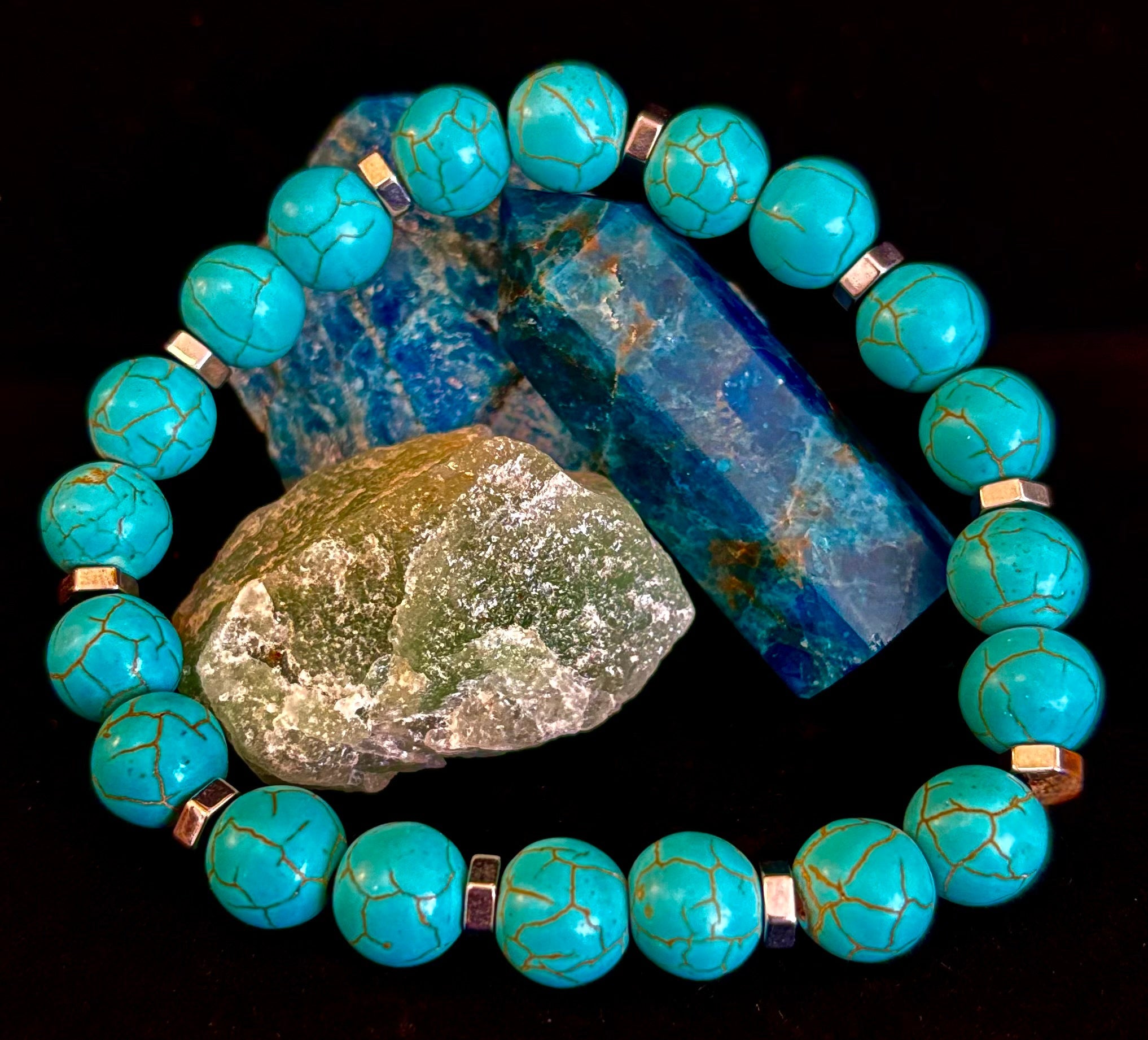 Turquoise Howlite Bracelet with Silver Spacers — Handmade in Puerto Vallarta — Calming Natural Stone Stretch Bracelet (6.75"–7.5" Medium to Large Wrists) | | Wiccan Center